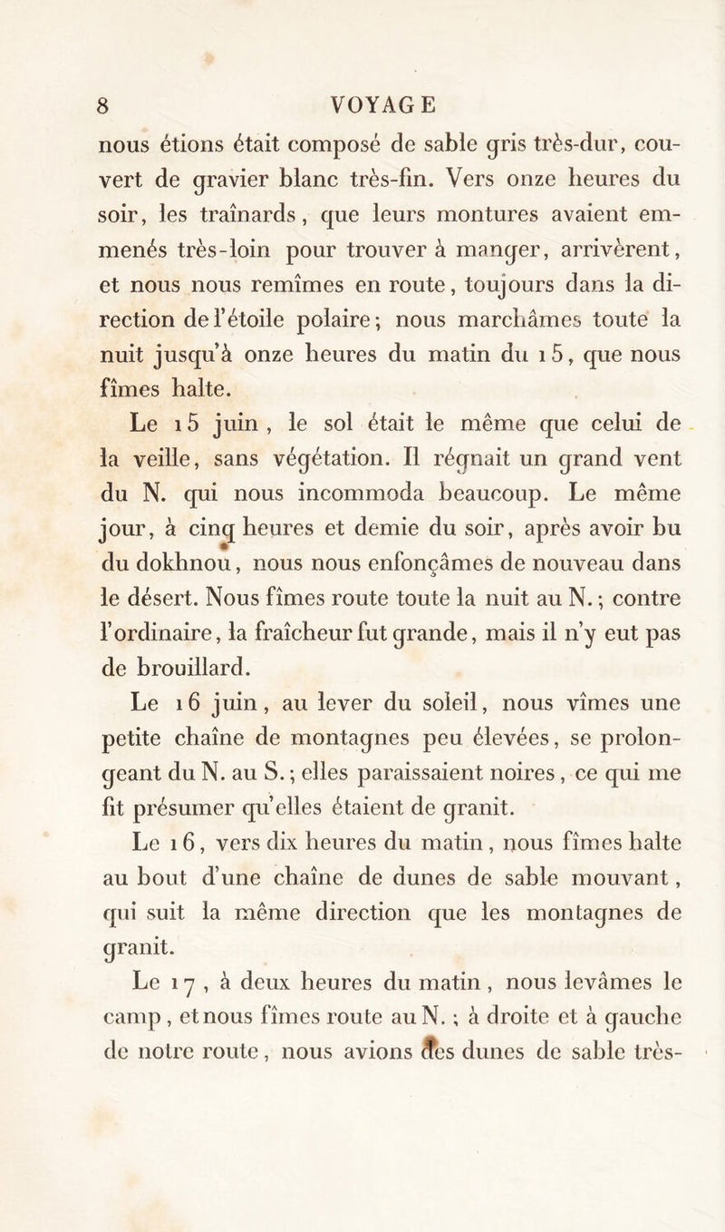 nous étions était composé de sable gris très-dur, cou- vert de gravier blanc très-fin. Vers onze heures du soir, les traînards, que leurs montures avaient em- menés très-loin pour trouver à manger, arrivèrent, et nous nous remîmes en route, toujours dans la di- rection de l’étoile polaire; nous marchâmes toute la nuit jusqu’à onze heures du matin du 15, que nous fîmes halte. Le 15 juin , le sol était le même que celui de. la veille, sans végétation. Il régnait un grand vent du N. qui nous incommoda beaucoup. Le même jour, à cinq heures et demie du soir, après avoir hu du dokhnou, nous nous enfonçâmes de nouveau dans le désert. Nous fîmes route toute la nuit au N. ; contre l’ordinaire, la fraîcheur fut grande, mais il n’y eut pas de brouillard. Le i6 juin, au lever du soleil, nous vîmes une petite chaîne de montagnes peu élevées, se prolon- geant du N. au S. ; elles paraissaient noires, ce qui me fit présumer qu’elles étaient de granit. Le 16, vers dix heures du matin, nous fîmes halte au bout d’une chaîne de dunes de sable mouvant, qui suit la même direction que les montagnes de granit. Le 1 y , à deux heures du matin , nous levâmes le camp , et nous fîmes route au N. ; à droite et à gauche de notre route, nous avions Ses dunes de sable très-