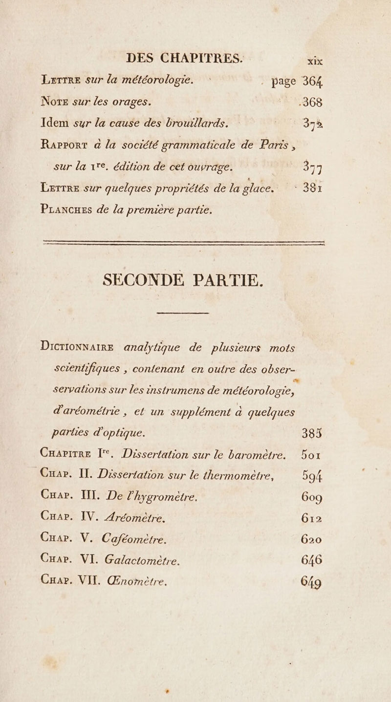 Lyrrre sur la météorologie. : . page 364 Note sur les orages. _ 368 Idem sur la cause des brouillards. Ras LL Rapport a la société grammaticale de Paris, sur la 1. édition de cet ouvrage. 377 LETTRE sur quelques propriétés de la glace. * 387 Prances de la première partie. SECONDE PARTIE. DicrioNNatRE analytique de plusieurs mots scientifiques , contenant en outre des obser- Si servalions Sur les instrumens de météorologie, d'aréométrie , et un supplément à quelques parties d'optique. 385 CHapitre [. Dissertation sur le baromètre. 5ox Car. IL. Dissertation sur le thermomètre, 594 Cuar. IIT. De l’hygromètre. 609 Cuar. IV. Aréomètre. Gr2 Car. V. Caféometre. 620 Cuar. VI. Galactomètre. 646 Car. VII. Œnornètrre. 649