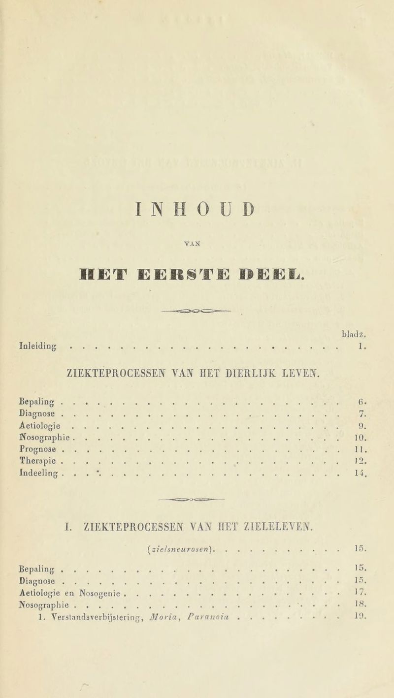 INHOUD VAN HET EERSTE HEET. bladz. Inleiding 1. ZIEKTEPROCESSEN VAN HET DIERLIJK LEVEN. Bepaling 0* Diagnose 7. Aetiologie 9. Nosographie 10. Prognose 11. Therapie 1 Indeeling . . . * 1 I. ZIEKTEPROCESSEN VAN IIET ZIELELEVEN. (zidsneurosen) 15. Bepaling 15. Diagnose 15. Aetiologie en Nosogenie 17. Nosographie IN. 1. Verstandsverbijstering, Moria, Paranoia 19. 4.s 10