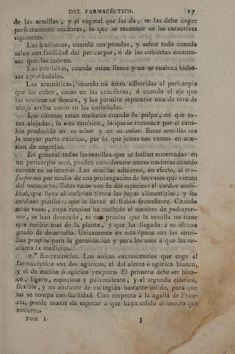 de: lás semillas y yel vegetal que las: da», se: las debe coger perfectamente: maduras ;: 2 dos se reconoce en de caractéres siguientes. 128 LE y Las harinosas, AeRe son. pesadas, - y ist todo étandb salen con facilidad del el Ó æ gr age escamo- sas) que:las cubren. 5 01: € Las emulsivas, cuando estan dió sy no: se vuelven boba. sas apretándolas. Las aromáticas, cuando no estan radbéridas al pericarpio que las cubre, como en las cruciferas; 6 cuando el eje que las sostieneise “eat , y las permite separarse una ide otra de abajo arriba como en las umbeladas. «sy has: cólneas estan maduras cuando la pipa en ! que es— tan. alojadas, lo está tambien, lo querse-reconoce-por el cam bio producido en: su sabot la en ‘su «color. Estas semillas son Ja mayor: parte Exóticas, por lo. que pit nos vemos en QCa- sion de.cogerlas. x 901000 De LA soi En general todas las semillas», que se cla cts en un pericarpio seco, pueden considerarse como/maduras cuando Suenan en swinterior. Las semillas adhieren, en efecto, al tro- fospermo por medio de una prolongacion de los vasos que vienen «del mesocarpo. Estos vasos son de dos especies el cordon umbi- tical, que lleva: alvembrion tigrno los jugos alimenticios , y los «£ordones pistilaresique le Hevan eli fluido fecundante. Cuando ¡estós vasos ¿ cuya. reunion ha recibido el mombre de podosper— mo , se han desecado , es una prueba que la semilla no: tiene Que. recibir mas dela, planta, y que ha llegado:á su: último grado: de desarrollo: Unicamente én' esta época son las semi- llas a : “para la rt y PA los usos á que las re— lama: da medicina. hoi | | 29: Excrescencias. Las únicas excrescencias que coge el farmacéutico son dos agäricos, el del alerce 6 agärico blanco, sy el de encina ó: agárico aid El primero debe ser blan— «e0 , ligero y esponjoso y pulverulento, y-el segundo elástico, flexible , y no obstante de un tegido bastante sólido, para que no se rompa con facilidad. Con respecto 4 la agalla de Fran= «cía, puede usarse sin esperar á que haya salido el insecto que £nCierrás ‘ TOM. I. 4 TT ET EN LRQ mm