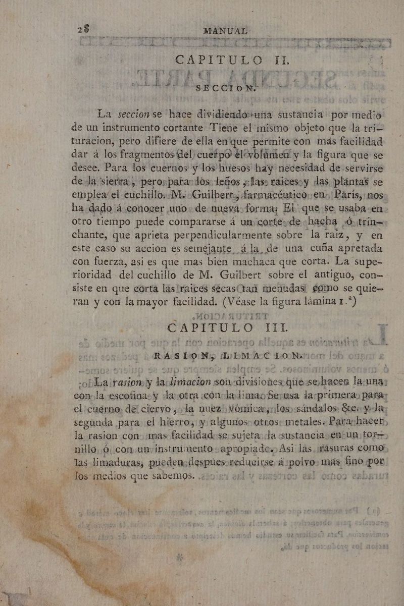 LOU o o Na po Pr qu vs RE 3 pepe DURS rte A de + So AE AS À anne Tv &amp; | 49 A O E E O E TE: CIO Se o sde à CAPITULO sl #3 ALTA ACT MITA Eh Fr SECCION: as | ies La seccion se hace aidés sustancia por medio de un instrumento cortante Tiene el mismo objeto que la tri turacion, pero difiere de ella en que permite con más facilidad dar á los fragrnentos del) cuetpo' él‘vofümen y la figura que se desee. Para los cuernos y los huesos hay necesidad de servirse de la sierra , peros pata: dos leños y: Laso raicesoy das plántas se emplea el cuchillo::M,-Guilbert:, farmacéutico, en. Paris, nos: ha dado: á conocer uno: de nueva. forma; El: que se usaba-en. otro tiempo puede compararse à un corte: de hacha 0 trin=: chante, que aprieta perpendicularmente sobre la 1 raiz, y en este caso su accion es semejante 4 la de una cuña apretada con fuerza, asi es que mas bien machaca que corta. La supe- rioridad del cuchillo de M. Guilbert sobre el antiguo, con- siste en que corta lás!raices sécasítaó menudasi égmo se quie— ran y con la mayor facilidad. Sansa la figura lámina 1.*) MOLIDA AUTINT gt ALOE ap an: O ei {} 281 tonal ale r RASLO xs Li LM AC ONO 190 \ ¿ 119 E con- la escofina: y la otra «cón la dimaoSesusa la-primera: paras el :cuérno, de! ciervo, la nuez! Vómicass:los<ssándalos: Ste: y. Ja; segunda para el hierro; y algunos otros: metales. Para; ee, la rasion con: mas facilidad: se sujeta: Ja «sustancia. en un; tor=. nillo 6, con un; instrumento «apropiado.» Asi las. «fásuras como!