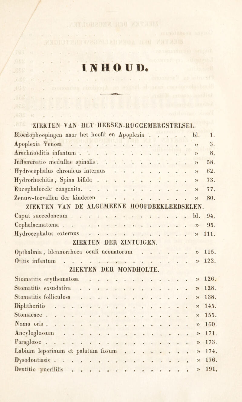 INHOUD -oass»« — ZIEKTEN VAN HET HERSEN-RÜGGEMERGSTELSEL. Bloedophoopingen naar het hoofd en Apoplexia hl. 1. Apoplexia Tenosa 3. Arachnoïditis infantum » 8. Inllammatio meduliae spinalis » 58. Hydrocephalus chronicus internus » 62. Hydrorhachitis , Spina bifida » 73. Eucephalocele congenita » 77. Zenuw-toevallen der kinderen » 80. ZIEKTEN YAN DE ALGEMEENE HOOFDBEKLEEDSELEN. Caput succedaneum hl. 94. Cephalaeinatoma 95. Hydrocephalus externus »111. ZIEKTEN DER ZINTUIGEN. Opthalmia, hlennorrhoea oculi neonatorum » 115. Otitis infantum »122. ZIEKTEN DER MONDHOLTE. Stomatitis erythematosa . . . . . »126. Stomatitis exsudativa . . * » 128. Stomatitis folliculosa » 138. Diphtheritis »145. Stomacace »155. Noma oris » 160. Ancyloglossum . . . »171. Paraglosse »173. Labium leporinum et palatum fissum »174. Dysodontiasis » 176. Dentitio puerililis * . »191«