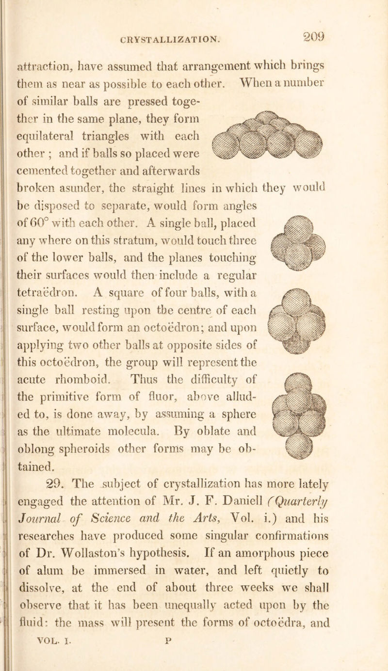 attraction, have assumed that arrangement which brings them as near as possible to each other. When a number of similar balls are pressed toge- ther in the same plane, they form equilateral triangles with each other ; and if balls so placed were cemented together and afterwards broken asunder, the straight lines in which they would be disposed to separate, would form angles of 60° with each other. A single ball, placed any where on this stratum, would touch three of the lower balls, and the planes touching their surfaces would then include a regular tetraedron. A square of four balls, with a single ball resting upon the centre of each surface, would form an octoedron; and upon applying two other balls at opposite sides of this octoedron, the group will represent the acute rhomboid. Thus the difficulty of the primitive form of fluor, above allud- ed to, is done away, by assuming a sphere as the ultimate molecula. By oblate and oblong spheroids other forms may be ob- tained. 29. The subject of crystallization has more lately engaged the attention of Mr. J. F. Daniell (Quarterly Journal of Science and the Arts, Vol. i.) and his researches have produced some singular confirmations of Dr. Wollaston’s hypothesis. If an amorphous piece of alum be immersed in water, and left quietly to dissolve, at the end of about three weeks we shall observe that it has been unequally acted upon by the fluid: the mass will present the forms of octoedra, and vol. i. p