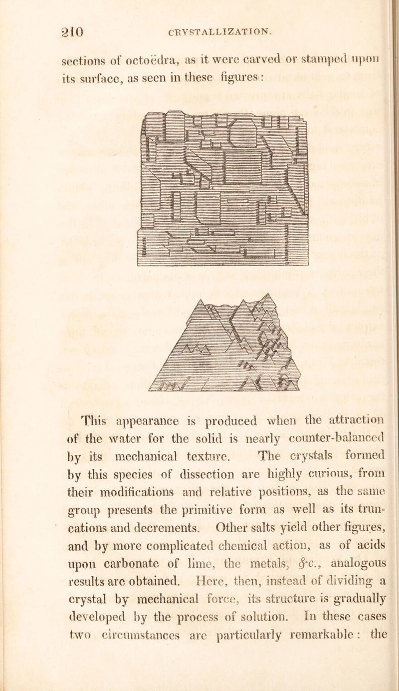 sections of octoedra, as it were carved or stamped upon its surface, as seen in these figures : This appearance is produced when the attraction of the water for the solid is nearly counter-balanced by its mechanical texture. The crystals formed by this species of dissection are highly curious, from their modifications and relative positions, as the same group presents the primitive form as well as its trun- cations and decrements. Other salts yield other figures, and by more complicated chemical action, as of acids upon carbonate of lime, the metals, $*c., analogous results are obtained. Here, then, instead of dividing a crystal by mechanical force, its structure is gradually developed by the process of solution. In these cases two circumstances are particularly remarkable: the