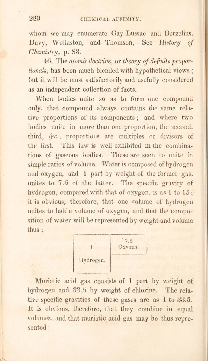 whom we may enumerate Gay-Lussac and Berzelius, Davy, Wollaston, and Thomson,—See History of Chemistry, p. 83. 46. The atomic doctrine, or theory of definite propor- tionals, has been much blended with hypothetical views ; but it will be most satisfactorily and usefully considered as an independent collection of facts. When bodies unite so as to form one compound only, that compound always contains the same rela- tive proportions of its components ; and where two bodies unite in more than one proportion, the second, third, fyc., proportions are multiples or divisors of the first. This law is well exhibited in the combina- tions of gaseous bodies. These are seen to unite in simple ratios of volume. Water is composed of hydrogen and oxygen, and I part by weight of the former gas, unites to 7.5 of the latter. The specific gravity of hydrogen, compared with that of oxygen, is as I to 15; it is obvious, therefore, that one volume of hydrogen unites to half a volume of oxygen, and that the compo- sition of water will be represented by weight and volume thus : 1 ' 7.5 Oxygen. Hydrogen. Muriatic acid gas consists of 1 part by weight of hydrogen and 33.5 by weight of chlorine. The rela- tive specific gravities of these gases are as 1 to S3.5. It is obvious, therefore, that they combine in equal volumes, and that muriatic acid gas may be thus repre- sented :