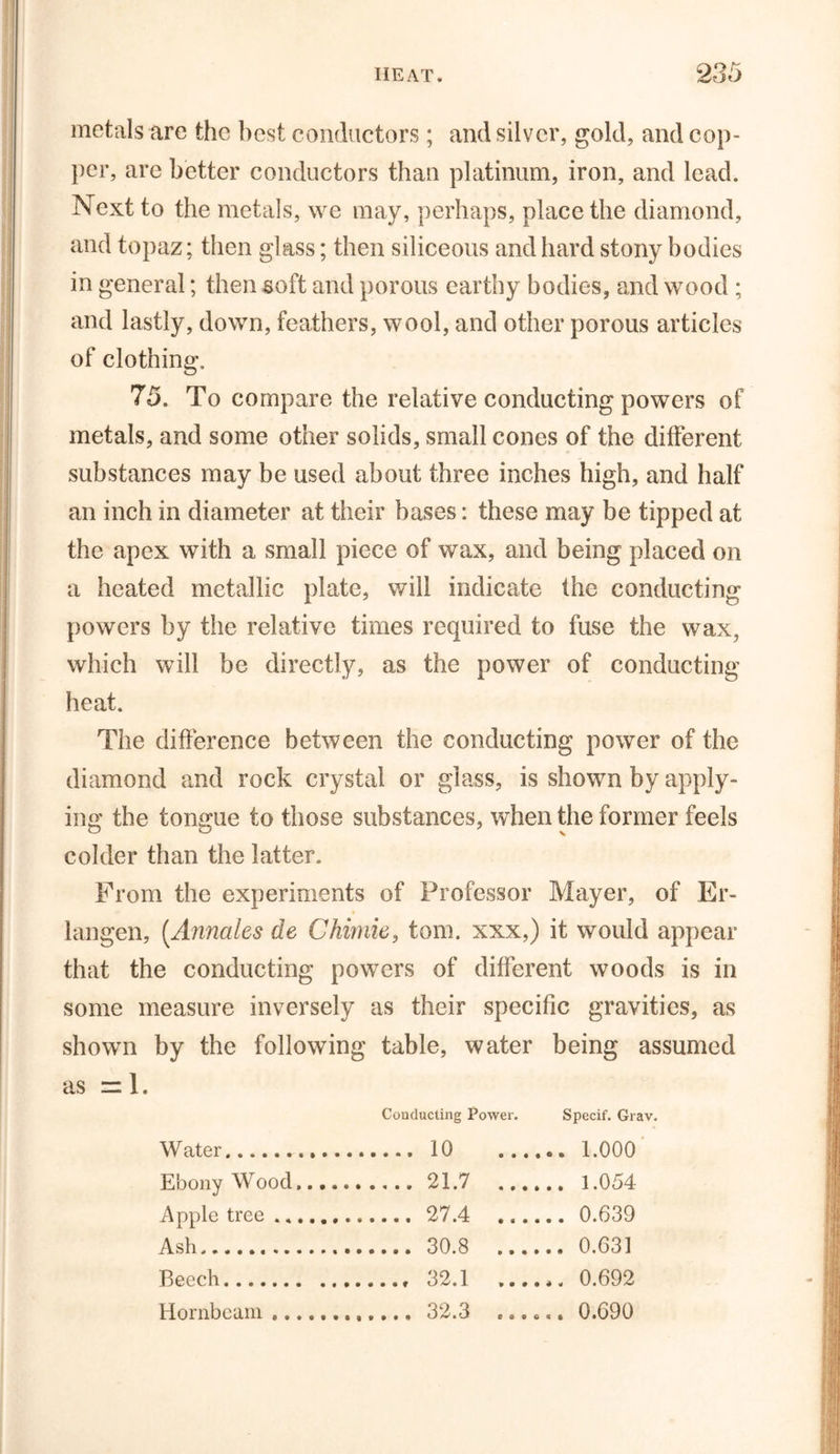 metals are the best conductors; and silver, gold, and cop- per, are better conductors than platinum, iron, and lead. Next to the metals, we may, perhaps, place the diamond, and topaz; then glass; then siliceous and hard stony bodies in general; then soft and porous earthy bodies, and wood ; and lastly, down, feathers, wool, and other porous articles of clothing, 75. To compare the relative conducting powers of metals, and some other solids, small cones of the different substances may be used about three inches high, and half an inch in diameter at their bases: these may be tipped at the apex with a small piece of wax, and being placed on a heated metallic plate, will indicate the conducting powers by the relative times required to fuse the wax, which will be directly, as the power of conducting heat. The difference between the conducting power of the diamond and rock crystal or glass, is shown by apply- ing the tongue to those substances, when the former feels colder than the latter. From the experiments of Professor Mayer, of Er- langen, (.Annales de Chimie, tom. xxx,) it would appear that the conducting powers of different woods is in some measure inversely as their specific gravities, as shown by the following table, water being assumed as = 1. W ater Conducting Power. 10 Specif. Grav. .... 1.000 Ebony Wood..... .... 1.054 Apple tree 27.4 .., .... 0.639 Ash .... 0.631 Beech 32.1 ... Hornbeam 32.3 ...