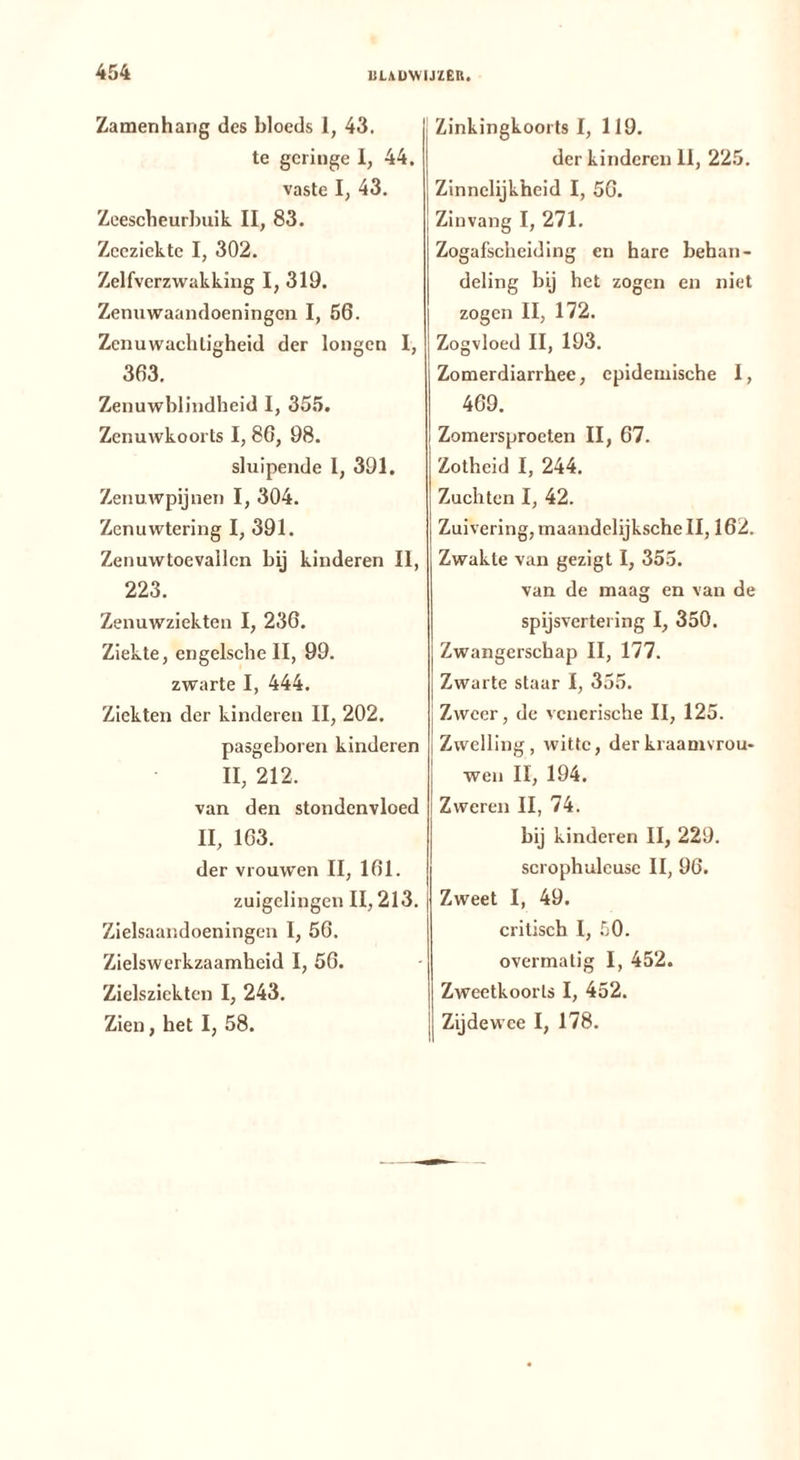 Zamenhang des bloeds 1, 43. te geringe I, 44. vaste I, 43. Zeescheurbuik II, 83. Zeeziekte I, 302. Zelfverzwakking I, 319. Zenuwaandoeningen I, 56. Zenuwachtigheid der longen I, 363. Zenuwblindheid I, 355, Zenuwkoorts I, 86, 98. sluipende I, 391. Zenuwpijnen I, 304. Zenuwtering I, 391. Zenuwtoevallen bij kinderen II, 223. Zenuwziekten I, 236. Ziekte, engelsche II, 99. zwarte I, 444. Ziekten der kinderen II, 202. pasgeboren kinderen II, 212. van den stondenvloed II, 163. der vrouwen II, 161. zuigelingen II, 213. Zielsaandoeningen I, 56. Zielswerkzaamheid I, 56. Zielsziekten I, 243. Zien, het I, 58. Zinkingkoorts I, 119. der kinderen 11, 225. Zinnelijkheid I, 56. Zin vang I, 271. Zogafscheiding en hare behan- deling bij het zogen en niet zogen II, 172. Zogvloed II, 193. Zomerdiarrhee, epidemische I, 469. Zomersproeten II, 67. Zotheid I, 244. Zuchten I, 42. Zuivering, maandelijksche II, 162. Zwakte van gezigt I, 355. van de maag en van de spijsvertering I, 350. Zwangerschap II, 177. Zwarte staar I, 355. j Zweer, de venerische II, 125. i Zwelling, witte, der kraamvrou- wen II, 194. Zweren II, 74. bij kinderen II, 229. scrophuleuse II, 96. Zweet I, 49. critisch I, .50. overmatig I, 452. Zweetkoorts I, 452. j Zijdewee I, 178.