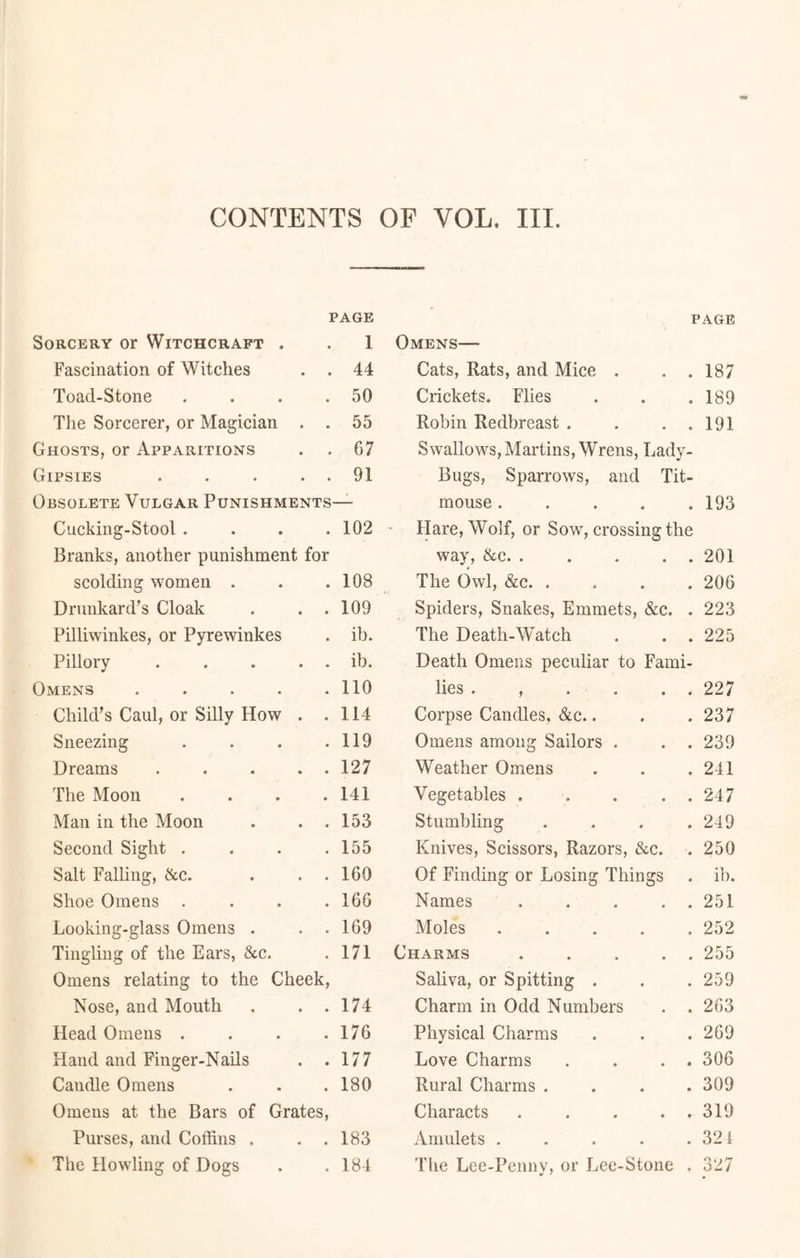 PAGE PAGE Sorcery or Witchcraft . • 1 Omens— Fascination of Witches • 44 Cats, Rats, and Mice . . . 187 Toad-Stone • 50 Crickets. Flies 189 The Sorcerer, or Magician . • 55 Robin Redbreast . . . . 191 Ghosts, or Apparitions • 67 Swallows, Martins, Wrens, Lady- Gipsies .... • 91 Bugs, Sparrows, and Tit- Obsolete Vulgar Punishments- mouse ..... 193 Cucking-Stool . • 102 Hare, Wolf, or Sow, crossing the Branks, another punishment for way, &c. . . . . . 201 scolding women . • 108 The Owl, &c 206 Drunkard’s Cloak • 109 Spiders, Snakes, Emmets, &c. . 223 Pilliwinkes, or Pyrewinkes • ib. The Death-WAtch . . . 225 Pillory .... • ib. Death Omens peculiar to Fami- Omens .... • 110 lies . , . . . . 227 Child’s Caul, or Silly How . . 114 Corpse Candles. &c.. 237 Sneezing • 119 Omens among Sailors . . . 239 Dreams .... • 127 Weather Omens 241 The Moon . 141 Vegetables ... . . 247 Man in the Moon . 153 Stumbling . 249 Second Sight . . 155 Knives, Scissors, Razors, &c. 250 Salt Falling, &c. • 160 Of Finding or Losing Things ib. Shoe Omens • 166 Names . . . . 251 Looking-glass Omens . • 169 Moles 252 Tingling of the Ears, &c. . 171 Charms 255 Omens relating to the Cheek, Saliva, or Spitting . 259 Nose, and Mouth • 174 Charm in Odd Numbers . . 263 Head Omens . • 176 Physical Charms 269 Hand and Finger-Nails • 177 Love Charms . . . . 306 Candle Omens • 180 Rural Charms .... 309 Omens at the Bars of Grates, Characts . .... 319 Purses, and Coffins . • 183 Amulets ..... 321 The Howling of Dogs • 184 The Lee-Penny, or Lee-Stone . 327