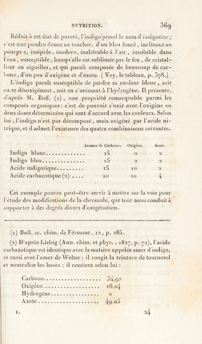 Réduit à cet état de pureté, Fmdigo prend le nomd'indigoline; c’est une poudre douce au toucher, d’un bleu foncé , inclinant au pourpre, insipide, inodore, inaltérable à l'air, insoluble dans beau , susceptible , lorsqu’elle est sublimée par le feu , de cristal- liser en aiguilles , et qui paraît composée de beaucoup de car- bone , d'un peu d'oxigène et d’azote, ( Voy. le tableau, p. 078.) L’indigo paraît susceptible de perdre sa couleur bleue , soit en se désoxigénant, soit en s’unissant à l'hydrogène. Il présente, d’après M. Buff. (1) , une propriété remarquable parmi les composés organiques: c’est de pouvoir s’unir avec l’oxigène en deux doses déterminées qui sont d’accord avec les couleurs. Selon lui, l’indigo n’est pas décomposé, mais oxigéné par l’acide ni- trique, et il admet l’existence des quatre combinaisons suivantes. Indigo blanc. ....... Indigo bleu Acide indigotique Acide carbazotique (2) l'étude des modifications de la chromule, que tout nous conduit à supporter à des degrés divers d’oxigénation. mes de Carbone. Oxigène. Azote. i5 O 2 i5 2 2 j5 IO 2 10 IO 4 servir à mettre sur la voie pour (1) Bull. sc. chim. de Férussac, 12, p. 280. (2) D'après Liebig (Ann. chim. et phys. , 1827, p, 72), l’acide carbazotique est identique avec la matière appelée amer d indigo, et aussi avec l’amer de Welter ; il rougit la teinture de tournesol et neutralise les bases ; il contient selon lui : Carbone 54,92 Oxigène 16,04 Hydrogène. o Azote 4Çb°5