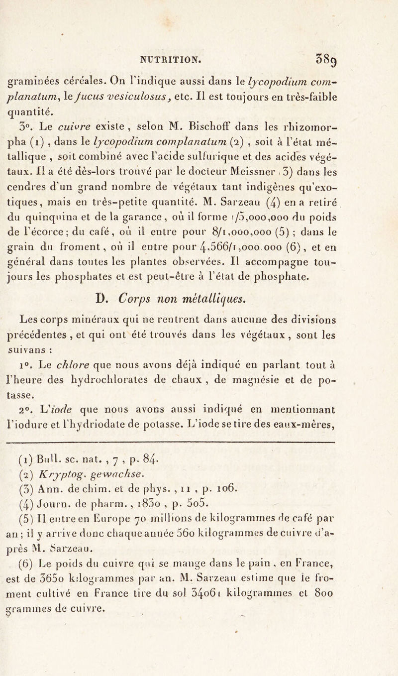 graminées céréales. On l’indique aussi dans le lycopodium com- planatum, le fucus vesiculosus, etc. Il est toujours en très-faible quantité. 3°. Le cuivre existe , selon M. BischofF dans les rhizomor- pha (1) , dans le lycopodium complanatum (2) , soit à l’état mé- tallique , soit combiné avec l’acide sulfurique et des acides végé- taux. II a été dès-lors trouvé par le docieur Meissner , 3) dans les cendres d'un grand nombre de végétaux tant indigènes qu’exo- tiques, mais en très-petite quantité. M. Sarzeau (4) en a retiré du quinquina et de la garance, où il forme 1/0,000,000 du poids de l’écorce; du café, où il entre pour 8/1,000,000 (5) ; dans le grain du froment, où il entre pour 4^566/r ,000 000 (6), et en général dans toutes les plantes observées. Il accompagne tou- jours les phosphates et est peut-être à l’état de phosphate. D. Corps non metallicpies. Les corps minéraux qui ne rentrent dans aucune des divisions précédentes , et qui ont été trouvés dans les végétaux , sont les suivans : i°. Le chlore que nous avons déjà indiqué en parlant tout à l’heure des hydrochlorates de chaux , de magnésie et de po- tasse. 2°. L'iode que nous avons aussi indiqué en mentionnant l’iodure et l’hydriodate de potasse. L’iode se tire des eaux-mères, (1) Bull. sc. nat. , 7 , p. 84* (2) Kryptog. gewachse. (3) Ann. dechim. et de phys. , 11 , p. 106. (4) Journ. de pharm., i85o , p. 5o5. (5) Il entre en Europe 70 millions de kilogrammes rie café par an ; il y arrive donc chaque année 56o kilogrammes de cuivre d’a- près M. 8arzeau. (6) Le poids du cuivre qui se mange dans le pain , en France, est de 365o kilogrammes par an. M. Sarzeau estime que le fro- ment cultivé en France tire du sol 54o6t kilogrammes et 800 grammes de cuivre.