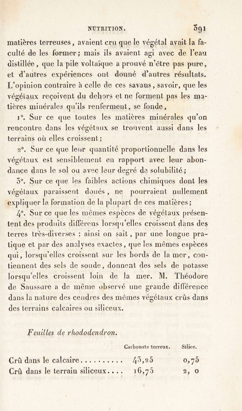 matières terreuses, avaient cru que le végétal avait la fa- culté de les former; mais ils avaient agi avec de l’eau distillée, que la pile voltaïque a prouvé n’être pas pure, et d’autres expériences ont donné d’autres résultats. L’opinion contraire à celle de ces savans, savoir, que les végétaux reçoivent du dehors et ne forment pas les ma- tières minérales qu’ils renferment, se fonde, j°. Sur ce que toutes les matières minérales qu’on rencontre dans les végétaux se trouvent aussi dans les terrains où elles croissent; 2°. Sur ce que leur quantité proportionnelle dans les végétaux est sensiblement en rapport avec leur abon- dance dans le sol ou avec leur degré de solubilité; 5°. Sur ce que les faibles actions chimiques dont les végétaux paraissent doués , ne pourraient nullement expliquer la formation de la plupart de ces matières; 4°. Sur ce que les mêmes espèces de végétaux présen- tent des produits dilFérens lorsqu’elles croissent dans des terres très-diverses : ainsi on sait, par une longue pra- tique et par des analyses exactes, que les mêmes espèces qui, lorsqu’elles croissent sur les bords de la mer, con- tiennent des sels de soude, donnent des sels de potasse lorsqu’elles croissent loin de la mer. M. Théodore de Saussure a de même observé une grande différence dans la nature des cendres des mêmes végétaux crûs dans des terrains calcaires ou siliceux. Feuilles de rhododendron. Carbonate terreux. Silice. i Cru dans le calcaire 4^5 0,75 Crû dans le terrain siliceux.... 16,75 2, o