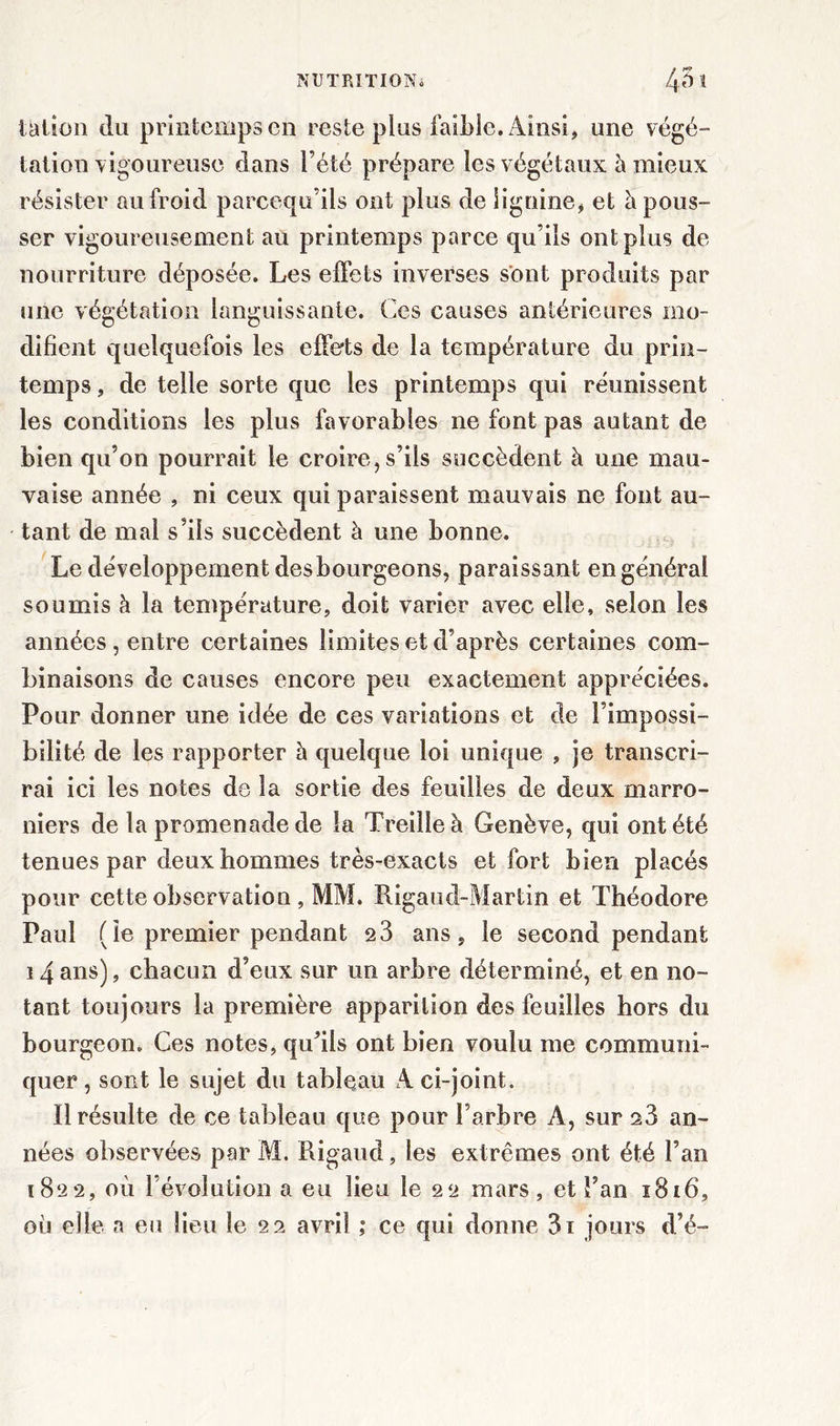 » f*? t alion du printemps en reste plus faible. Ainsi, une végé- tation vigoureuse dans l’été prépare les végétaux à mieux résister au froid parcequ’ils ont plus de lignine, et à pous- ser vigoureusement au printemps parce qu’ils ont plus de nourriture déposée. Les effets inverses sont produits par une végétation languissante. Ces causes antérieures mo- difient quelquefois les effets de la température du prin- temps , de telle sorte que les printemps qui réunissent les conditions les plus favorables ne font pas autant de bien qu’on pourrait le croire, s’ils succèdent à une mau- vaise année , ni ceux qui paraissent mauvais ne font au- tant de mal s’ils succèdent à une bonne. Le développement des bourgeons, paraissant en générai soumis à la température, doit varier avec elle, selon les années , entre certaines limites et d’après certaines com- binaisons de causes encore peu exactement appréciées. Pour donner une idée de ces variations et de l’impossi- bilité de les rapporter à quelque loi unique , je transcri- rai ici les notes de la sortie des feuilles de deux marro- niers de la promenade de la Treille à Genève, qui ont été tenues par deux hommes très-exacts et fort bien placés pour cette observation , MM. Ligand-Martin et Théodore Paul (le premier pendant 2 3 ans, le second pendant 14 ans), chacun d’eux sur un arbre déterminé, et en no- tant toujours la première apparition des feuilles hors du bourgeon. Ces notes, qu’ils ont bien voulu me communi- quer , sont le sujet du tableau A ci-joint. Il résulte de ce tableau que pour l’arbre A, sur s3 an- nées observées par M. Rigaud, les extrêmes ont été l’an 1822, où l’évolution a eu lieu le 22 mars, et Pan 1816, où elle a eu lieu le 22 avril ; ce qui donne 3i jours d’é-
