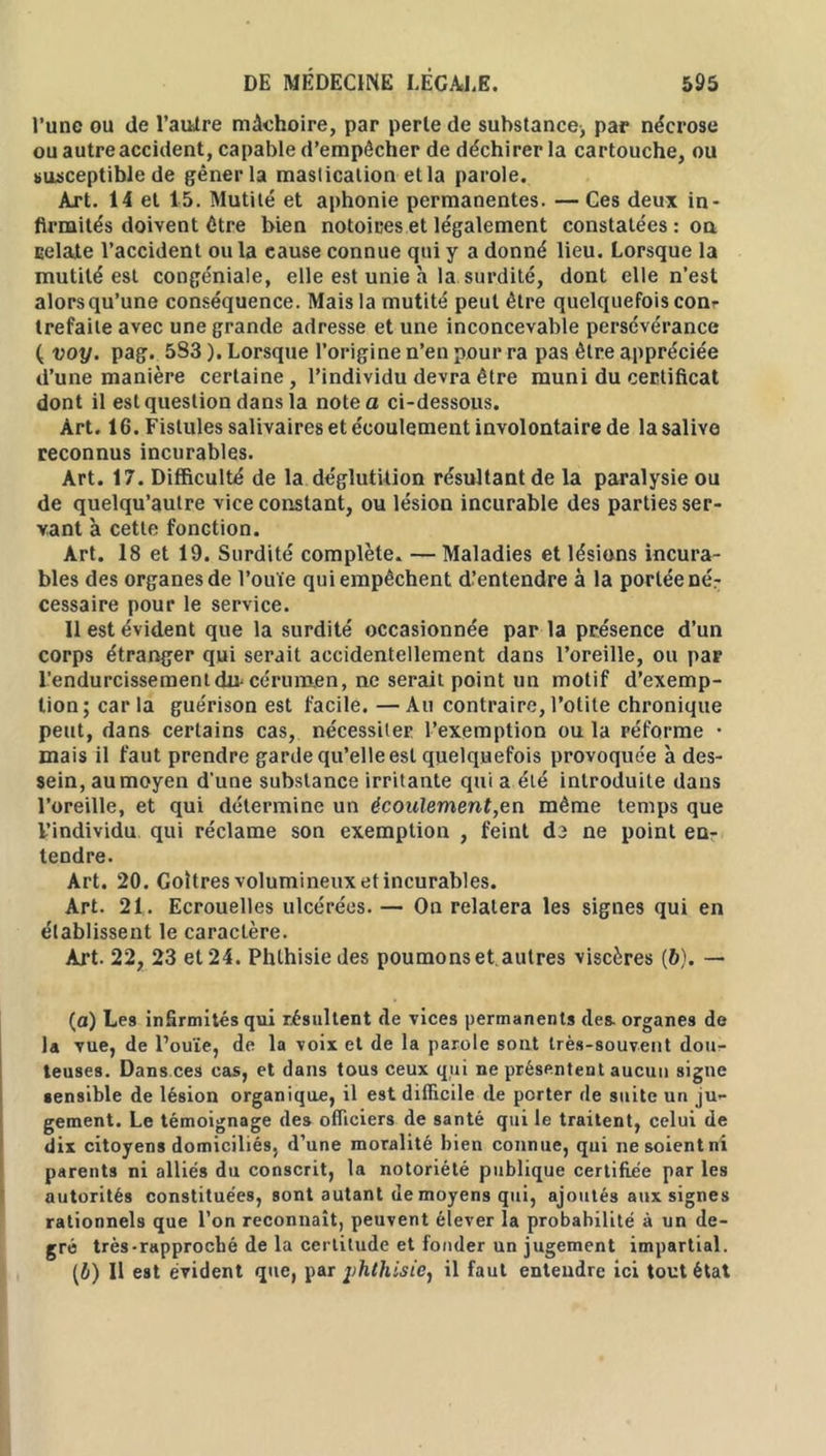 l’une ou de l'autre mâchoire, par perle de substance* par nécrose ou autre accident, capable d’empêcher de déchirer la cartouche, ou susceptible de gêner la mastication et la parole. Art. 14 et 15. Mutité et aphonie permanentes. — Ces deux in- firmités doivent être bien notoires et légalement constatées : on relate l’accident ou la cause connue qui y a donné lieu. Lorsque la mutilé est congéniale, elle est unie à la surdité, dont elle n’est alors qu’une conséquence. Mais la mutité peut être quelquefois corn trefaite avec une grande adresse et une inconcevable persévérance ( voy. pag. 5S3 ). Lorsque l’origine n’en pour ra pas être appréciée d’une manière certaine, l’individu devra être muni du certificat dont il est question dans la note a ci-dessous. Art. 16. Fistules salivaires et écoulement involontaire de la salive reconnus incurables. Art. 17. Difficulté de la déglutition résultant de la paralysie ou de quelqu’autre vice constant, ou lésion incurable des parties ser- vant à cette fonction. Art. 18 et 19. Surdité complète. — Maladies et lésions incura- bles des organes de l’ouïe qui empêchent d’entendre à la portée nér cessaire pour le service. 11 est évident que la surdité occasionnée par la présence d’un corps étranger qui serait accidentellement dans l’oreille, ou par l’endurcissement dit-cérumen, ne serait point un motif d’exemp- tion; car la guérison est facile. — Au contraire, l’otite chronique peut, dans certains cas, nécessiter l’exemption ou la réforme • mais il faut prendre garde qu’elle est quelquefois provoquée à des- sein, au moyen d’une substance irritante qui a été introduite dans l’oreille, et qui détermine un écoulement,en même temps que l’individu qui réclame son exemption , feint de ne point en- tendre. Art. 20. Goitres volumineux et incurables. Art. 21. Ecrouelles ulcérées. — On relaiera les signes qui en établissent le caractère. Art. 22, 23 et 24. Phthisie des poumons et. autres viscères (6). — (a) Les infirmités qui résultent de vices permanents des. organes de la vue, de l’ouïe, de la voix et de la parole sont très-souvent dou- teuses. Dans ces cas, et dans tous ceux qui ne présentent aucun signe sensible de lésion organique, il est difficile de porter de suite un ju- gement. Le témoignage des officiers de santé qui le traitent, celui de dix citoyens domiciliés, d’une moralité bien connue, qui ne soient ni parents ni alliés du conscrit, la notoriété publique certifiée par les autorités constituées, sont autant de moyens qui, ajoutés aux signes rationnels que l’on reconnaît, peuvent élever la probabilité à un de- gré très-rapproché de la certitude et fonder un jugement impartial. (J) Il est évident que, par phthisie, il faut entendre ici tout état