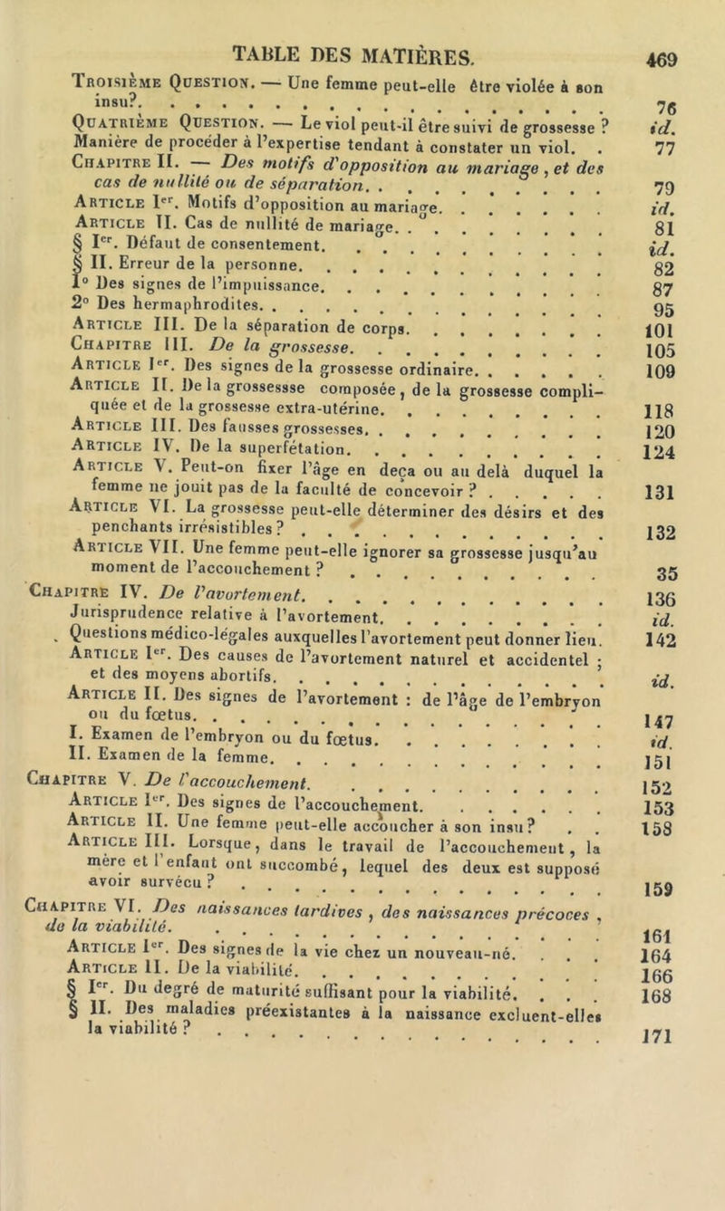 TABLE DES MATIÈRES. Troisième Question. — Une femme peut-elle être violée à son insu? Quatrième Question. Le viol peut-il être suivi de grossesse ? Manière de procéder à l’expertise tendant à constater un viol. . Chapitre II. Des motifs d'opposition au mariage , et des cas de nullité ou de séparation. . Article 1er. Motifs d’opposition au mariacre Article II. Cas de nullité de mariage. § Ier. Défaut de consentement. § II. Erreur de la personne 1° Des signes de l’impuissance. 2° Des hermaphrodites Article III. De la séparation de corps Chapitre III. De la grossesse Article Dr. Des signes de la grossesse ordinaire. ..... Article II. De la grossessse composée, delà grossesse compli- quée et de la grossesse extra-utérine Article III. Des fausses grossesses. Article IV. De la superfétation Article V. Peut-on fixer l’àge en deçà ou au delà duquel la femme ne jouit pas de la faculté de concevoir ? Article V I. La.grossesse peut-elle déterminer des désirs et des penchants irrésistibles? Article V II. Une femme peut-elle ignorer sa grossesse jusqu’au moment de l’accouchement ? Chapitre IV. De l'avortement. Jurisprudence relative à l’avortement. . , • Queslions médico-légales auxquelles l’avortement peut donner lieu. Article lLr. Des causes de l’avortement naturel et accidentel : et des moyens abortifs. Article II. Des signes de l’avortement : de l’âge de l’embryon ou du fœtus I. Examen de l’embryon ou du fœtus II. Examen de la femme. Chapitre V. De l'accouchement. Article Iir. Des signes de l’accouchement. Article II. Une femme peut-elle accoucher à son insu? Article III. Lorsque, dans le travail de l’accouchemeut, la mère et I enfant ont succombé, lequel des deux est supposé avoir survécu ? Chapitre VI. Des naissances tardives , des naissances précoces , do la viabilité. Article ltr. Des signes de la vie chez un nouveau-né. Article II. De la viabilité. § Ier. Du degré de maturité suffisant pour la viabilité. § II. Des maladies préexistantes à la naissance excluent-elles la viabilité ? 76 id. 77 79 id. 81 id. 82 87 95 101 105 109 118 120 124 131 132 35 136 id. 142 id. 147 id. 151 152 153 158 159 161 164 166 168 171