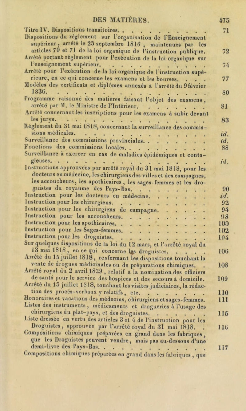 Titre IV. Dispositions transitoires 71 Dispositions du réglement sur l’organisation de l’Enseignement supérieur, arrêté le 25 septembre 1816*, maintenues par les articles 70 et 71 de la loi organique de l’instruction publique. 72 Arrêté portant réglement pour l’exécution de la loi organique sur l’enseignement supérieur 74 Arrêté pour l’exécution de la loi organique de l’instruction supé- rieure, en ce qui concerne les examens et les bourses. ... 77 Modèles des certificats et diplômes annexés à l’arrêté du 9 février 1836. 80 Programme raisonné des matières faisant l’objet des examens , arrêté par M. le Ministre de l’Intérieur 81 Arreté concernant les inscriptions pour les examens à subir devant les jurys. . 83 Réglement du 31 mai 1818, concernant la surveillance des commis- sions médicales (cj% Surveillance des commissions provinciales ici. Fonctions des commissions locales 88 Surveillance à exercer en cas de maladies épidémiques et conta- gieuses Instructions approuvées par arrêté royal du 31 mai 1818, pour les docteurs en médecine, leschirurgiens des villes et des campagnes, les accoucheurs, les apothicaires , les sages-femmes et les dro- guistes du royaume des Pays-Bas 1)0 Instruction pour les docteurs en médecine ici. Instruction pour les chirurgiens 92 Instruction pour les chirurgiens de campagne 94 Instruction pour les accoucheurs 98 Instruction pour les apothicaires 100 Instruction pour les Sages-femmes 102 Instruction pour les droguistes 104 Sur quelques dispositions de la loi du 12 mars, et l’arrêté royal du 13 mai 1818, en ce qui concerne Ujs droguistes 106 Arrêté du 15 juillet 1818, renfermant les dispositions touchant la vente de drogues médicinales ou de préparations chimiques. . 108 Arrêté royal du 2 avril 1829, relatif à la nomination des officiers de santé pour le service des hospices et des secours à domicile. 109 Arrêté du 15 juillet 1818, touchant les visites judiciaires, la rédac- tion des procès-verbaux y relatifs , etc 110 Honoraires et vacations des médecins, chirurgiens et sages-femmes. 111 Listes des instruments , médicaments et drogueries à l’usage des chirurgiens du plat-pays, et des droguistes 116 Liste dressée en vertu des articles 3 et 4 de l’instruction pour les Droguistes, approuvée par l’arrêté royal du 31 mai 1818. . 116 Compositions chimiques préparées en grand dans les fabriques, que les Droguistes peuvent vendre, mais pas au-dessous d’une demi-livre des Pays-Bas 117 Compositions chimiques préparées en grand dans les fabriques , que