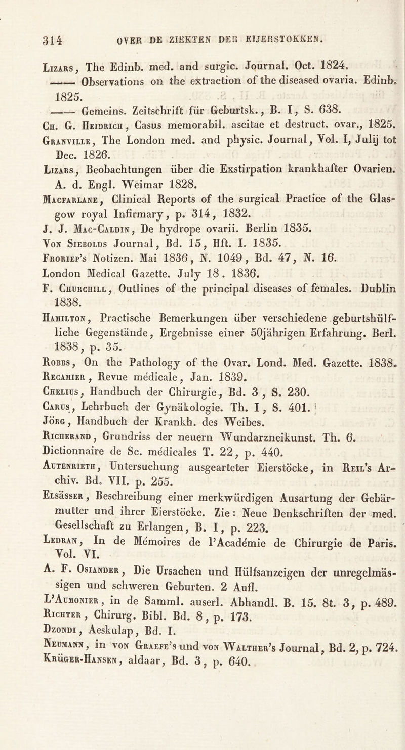 Lizars, The Edinb. med. and surgic. Journal. Oct. Ï824. Observations on the extraction of the diseased ovaria. Edinb» 1825. Gemeins. Zeitschrift für Geburtsk. , B. I, S. 638. Cn. G. Heidrich , Casus memorabil. ascitae et destruct. ovar., 1825. Granville, The London med. and physic. Journal, Yol. I, Julij tot Dec. 1826. Lizars, Beobachtungen über die Exstirpation krankhafter Ovarien. A. d. Engl. Weimar 1828. Macfarlane, Clinical Reports of the surgical Practice of the Glas- gow royal Infirmary, p. 314, 1832. J. J. Mac-Caldin, De hydrope ovarii. Berlin 1835. Von Siebolds Journal, Bd. 15, Hft. I. 1835. Froriep’s Notizen. Mai 1836, N. 1049, Bd. 47, N. 16. London Medical Gazette. July 18. 1836. F. Chürchill, Outlines of the principal diseases of females. Dublin 1838. Hamilton, Practische Bemerkungen über verschiedene geburtshülf- iiche Gegenstände, Ergebnisse einer 50jährigen Erfahrung. Berl. 1838, p. 35. Robbs, On the Pathology of the Ovar. Lond. Med. Gazette. 1838. Recamier , Revue medicale, Jan. 1839. Chelius, Handbuch der Chirurgie, Bd. 3 , S. 230. Carus, Lehrbuch der Gynäkologie. Th. I, S. 401.^ Jorg, Handbuch der Krankh. des Weibes. Richerand , Grundriss der neuern Wundarzneikunst. Th. 6. Dictionnaire de Sc. médicales T. 22, p. 440. Aütenrieth , Untersuchung ausgearteter Eierstöeke, in Reil’s Ar- chiv. Bd» VII. p. 255. Elsüsser , Beschreibung einer merkwürdigen Ausartung der Gebär- mutter und ihrer Eierstücke. Zie: Neue Denkschriften der med. Gesellschaft zu Erlangen, B. I, p. 223. Ledran, In de Mémoires de FAcadémie de Chirurgie de Paris. Vol. VI. A. F. Osiander , Die Ursachen und Hülfsanzeigen der unregelmäs- sigen und schweren Geburten. 2 Aull. L’Aumonier, in de Samml. auserl. Abhandl. B. 15. 8t. 3, p. 489. Richter, Chirurg. Bibi. Bd. 8, p. 173. Dzondi, Aeskulap, Bd. I. Neumann, in von Graefe’s und von Walther’s Journal, Bd. 2, p. 724. Krüger-Hansen, aldaar, Bd. 3, p. 640.