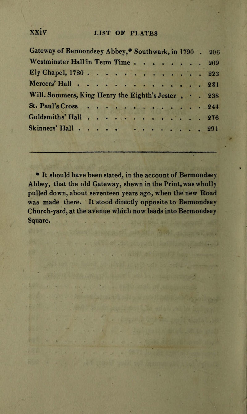 LIST OF PLATES Gateway of Bermondsey Abbey,* Southwark, in 1790 . 206 Westminster Hall in Term Time 209 Ely Chapel, 1780 223 Mercers’Hall .231 Will. Sommers, King Henry the Eighth’s Jester . • . 238 St. Paul’s Cross 244 Goldsmiths’ Hall 276 Skinners’Hall 291 * It should have been stated, iu the account of Bermondsey Abbey, that the old Gateway, shewn in the Print, was wholly pulled down, about seventeen years ago, when the new Road was made there. It stood directly opposite to Bermondsey Church-yard, at the avenue which now leads into Bermondsey Square.