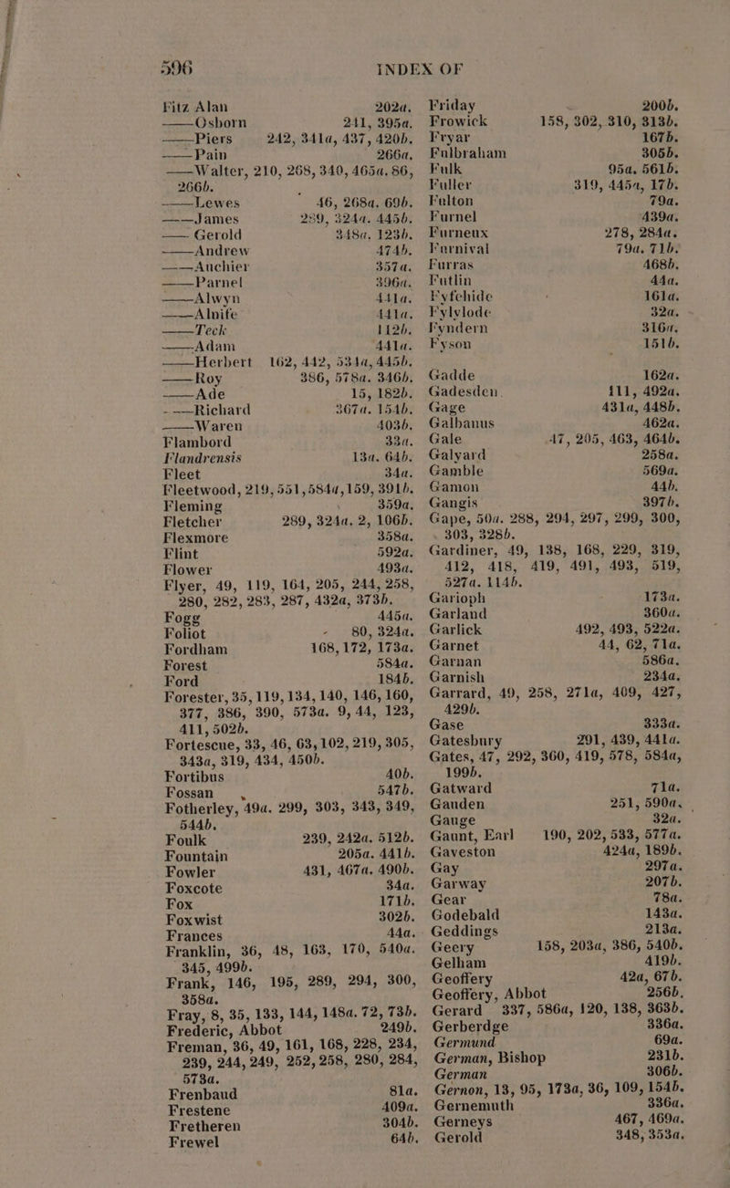 i a 396 INDEX OF Fitz Alan 202a,. Friday 2000. Osborn 241, 395a. Frowick 158, 302, 310, 3130. ———Piers 242, 341a, 437, 420b, Fryar 1675. —— Pain 266a, Fulbraham 305b. ——Walter, 210, 268, 340, 4654.86, Fulk 95a. 5615. 266). ; Fuller 319, 4454, 17b. Lewes 46, 268a. 69), Felton 79a. ——James 259, 3244. 4456. Furnel A39a. —- Gerold 348a, 123), Furneux 278, 284a. Andrew 474), Farnival 79a. 71D. ——Auchier 357a. Furras A68b. ——Parnel 396a. Futlin 44a. ——Alwyn A4ila. Fyfehide 161a. —___—_ A Inife 441a, Fylvlode 32a. peel Pole 1142). Fyndern 3164. ——Adam 441a. Fyson 1510. ——Herbert 162, 442, 584a, 445). ——Roy 386, 578a. 346d. Gadde 162a. nla We 15, 182b. Gadesden. i11, 492a. - —~Richard 367a. 154), Gage A3la, 448. —— Waren 4036, Galbanus 462a. Flambord 33a, Gale 47, 205, 463, 464b. Flandrensis 13a. 646, Galyard 258a. Fleet 34a. Gamble 569a. Fleetwood, 219, 551,5840,159, 391), Gamon AAD, Fleming . 359a, Gangis 3976. Fletcher 289, 324a, 2, 106). Gape, 50a. 288, 294, 297, 299, 300, Flexmore 358a. 303, 328). Flint 592a, Gardiner, 49, 138, 168, 229, 319, Flower 493a. 412, 418, 419, 491, 493, 519, Flyer, 49, 119, 164, 205, 244, 258, 280, 282, 283, 287, 432a, 373). Fogg Adba. Foliot - 80, 324a. Fordham 168,172, 173a. Forest 584a. Ford 1846. Forester, 35, 119, 134, 140, 146, 160, 377, 386, 390, 573a. 9, 44, 123, 411, 502b. Fortescue, 33, 46, 63, 102, 219, 305, 343a, 319, 434, 4505. Fortibus AOD. Fossan 5A7D. . Fotherley, 49a. 299, 303, 343, 349, 544D, Foulk 239, 242a, 512b. Fountain 205a. 4416. Fowler 431, 467a, 490b. Foxcote 34a. Fox 1710. Fox wist 3025. Frances Ada. Franklin, 36, 48, 163, 170, 540d. 345, 4990. Frank, 146, 195, 289, 294, 300, 358d. Fray, 8, 35, 133, 144, 148a. 72, 735. Frederic, Abbot 249b. Freman, 36, 49, 161, 168, 228, 234, 239, 244, 249, 252, 258, 280, 284, 573a. Frenbaud 8la. Frestene 409a. Fretheren 3046. Frewel 64D, 527a. Li4b. Garioph 173a. Garland 360. Garlick 492, 493, 522a. Garnet 44, 62, Tla. Garnan 586a. Garnish 234a, Garrard, 49, 258, 27la, 409, 427, A29b. Gase 333a. Gatesbury 291, 439, 441a. Gates, 47, 292, 360, 419, 578, 584a, 199b. Gatward 71a. Gauden 251, 590a, Gauge aan Gaunt, Earl 190, 202, 533, 577a. Gaveston 424a, 1896. Gay 2974a. Garway 207b. Gear 78a. Godebald 143a. Geddings 2134. Geery 158, 2034, 386, 5400. Gelham A419b. Geoffery 42a, 67b. Geoffery, Abbot 2565, Gerard 337, 586a, 120, 138, 3636. Gerberdge 336a. Germund 69a. German, Bishop 2310. German 306b. Gernon, 13, 95, 173a, 36, 109, 1545. Gernemuth 336a. Gerneys 467, 469a.