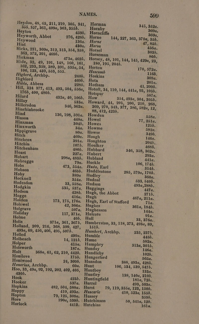 355, 357, 361, 409a, 363, 3555. Heyton 459). Heyworth, Abbot 276, 428). Heywood 136a. Hiat 430a. Hicks, 231, 309a, 312, 313, 354, 358, 363, 372, 391, 469), Hickman A7T3a, 4625, Hide, 32, 49, 191, 148, 160, 161, 162, 233, 359, 389, 391, 5354, 54, 106, 123, 439, 553, 555. Higberd, Archbp. 240d. Highlord 469). Hilda, Abbess 2285, Hill, 324 377, 413, 493, 504, 556, 1765, 400, 480. Hilard 432a, 40, 106d, Hillay 533a. Hillersdon 346, 362a. Hinchinbrooke ind 136, 198, 591a. Hinson 448a. Hinxman 304), Hinxworth 34a. Hippigrave 80a. itch 469a. Hitchcox 391la. Hitchin 107). Hitchenham 480b. Hoast 2274. Hobart 298a, 4835. Hobregge 79a. Hobs 473, 554a. Hobson 463. Hoby 389a Hocknell 354a, Hodesdon 33, 558a. Hodgkin 535, 5374, Hodson 428b. Hogge 416qa. Holden 173, 175, 176a. Holewel 42, 366a. Holgrave 507a. Holiday 117, 371a. Holme AOb. Holis . 371la, 361, 3675. Holland, 209, 216, 368, 399, 427, 493a, 69, 456, 466, 495, 5075. - Holled 499a. Holbeach 14, 1215, Holper 415a. Holsworth 187 a. Holt 3682, 61, 62, 210, 4425, Honilove 175d. Honiwood 24, 3096. Honorius, Archbp. 60a. Hoo, 33, 49a, 92, 192, 202, 402, 405, 4305. Hook 423b. Hooker 537a. Hopkins 482, 504, 588a. Hoppy 419, 4934. Hopton 79, 125, 308a, Hore 190a, 5395. Horlock A441B. 599 Horman 345, 352a. Hornby 369a. Horncliffe 369a, Horne 144, 227, 363, 370a, 35). Horne 47, 856. Horsa 456a. Horsel 3035. Horseman 80h. Horsey, 48, 101, 144, 145, 429a, 23, 180, 195, 204. Horton 170, 572a. Hoscumb 1165, Hoskins 308a. Hota 201a. Hotham Al, 2095. Hotoft, 34, 110, 144, 441a, 93, 103d. Hotspur 587a, How 354, 493a, 304, 3055. Howard, 44, 201, 206, 210, 268, 269, 270, 343, 377, 386, 582a, 12, 88, 412, 423), Howden 558a. Howel 77, 251a. Howes 125D, Howme 582a. Howse 349b, Hough 146a. Houghton 204). Houlker 4685. Hubbard 346, 358, 362d. Hubert 2934. Hubland 441a. Huckle 106, 1746. Huda, Earl 3146, . Huddlestone 285, 579a, 1705. Hudley 360a. Hudnal 533, 540b. Hudson 493a,288b. Huggings 447a. Hugh, the Abbot 2716. Hugh 467a, 211a.. Hugh, Earl of Stafford 71a. Hughes 361a, 184). Hughesson 144a, Hulcote 91a. Hull 33, 376a. . Humberston, 33, 118, 373, 493a, 89, 1515. Humbert, Archbp, 235, 2375, Humble 448). Hume 582a.. Humphry 3134, 3010. Hunday 146a. Hundleby 102d, Hungerford 565a. Hunsdon 388, 493a, 428D. Hunt 106, 534, 539, 5475. Huntboy 1334, Huntley 138, 140a, 2108, Huntingfield 18la, 725. . Hurrel 493, 503a. Hurst 79, 119, 355a, 123, 150d. Huscarle 410, 523a, 1556. Hussey 359). Hutchinson 50, 541a, 126, Hutchins 161a,