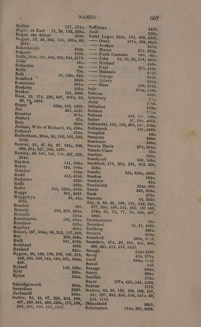 Rofton 557, 5734. Saffreton 4425, Roger, an Earl 13, 20, 142, 230a, Sailt 226a. Roger, the Abbot 270). Saint Leger, 216a, 192, 403, 4055. Rogers, 33, 40, 324, 356, 591a, 69, —— Omer 317¢, 403, A05b. 361b, : —— Jermyn 3174. Rokesburgh 384a. —— Marye 275, 3244. Rokesle - 5536. —-— Pauls Cannons 106, (60a. Rolfe, 2644, 301,304, 363, 394,477b, —— John 64, 94,96, 103, 1984. Rollo 164... —— Michael 450a. Rolleston 8a. —— Paul 275, 450a. Rolls 79a. —— Malmain 4036, Rolt 50, 529a, 63h, ~~~ George 195), | Romford 3056. ——- Hilary 421a, Roncester 18la. —— Maur 430, 4940, Rookeby 583a. Sale 395a, L386. Rookes 125, 4095. Salerne 160«. Roos, 33, 174, 226, 307, 3674, 10, Salesbury Gla. 29, 72, 508. . Salid 5096. Roper 584a, 443, 448). Salladine ~~ 182a. Ros _ 251,413). Salmon 17a. Rossetor 371la. Salmon A416, 483, 486u, Rotbert 67a. Salter 57, 92a, 2876. Rote 200), Saltonstal, 108, 182, 203, 204, 206a. Rothais, Wife of Richard, 13, 420a. Rothwel 556a. Rotherham, 204a, 35, 186, 195, 303, 358d, Rowiet, 35, 47, 85, 97, 191a, 306, 309, 315, 327, 393, 4230, Rowley, 49, 105, 148, 150, 207, 223 284a, ? Roydon 541, 569a. Royse 133, 180a. Rozeline 1854. Rudd A414, 4166. Rudstone 3320. Ruffe A493a. Rufus 241, 324a, 518. Rugge 301, 303d. Ruggewyn 33, 44a, 386d, Rumbal 18), Rumold 232, 253, 264a., Runevile 521a, Runnington 493, 504a. Runshaw 523a, Rupibus A466a, we 137, 5844, 96, 353, 257, 359, Rut 338, 93a. Ruth 301, 3038, Ruthland 496b. Rutland 336a. Rygate, 90, 100, 106, 109, 186, 376, 440, 505, 530,544, 544, 561, 564a, 495. Ryland 150, 169a. Ryly 280a. Ryton 445a, Sabridgeworth 364a, Sacerdoes 226b, Sachanvill 240a, Sadler, 35, 48, 97, 228, 244, 380, 427, 429, 434, 436, 5284, 178, 180, 204, 206, 309, alg, 5138, Saltmar sh 547, 548), Sampkin 44a. Sampson 160a. Samwaies 588a. Sancta Maria 275, 304a. Sancto Claro 43a. Sandale 160a, Sandcroft 160, 166a, Sandford, 175, 212, 231, 252, 266, 316a, Sandis 324, 359a, 4395. Sandon 162a. Sandwic 43a. Sandwitch 324a, 90D, . Sands 248, 258a. Sank 278a. Sapcote 82, 2036. Say, 8, 33, 46, 160, 161, 242, 341, 377, 395, 530, 544, 562, 567 568, 570a, 65, 72, 77, 78, 426, 437, 5065. Sareberiensis 13a. Saresberi 13, 41, 492). Sarlbray 321a, Sarners 278a. Saunford 266a, 2746. Saunders, 87a, .28, 301, 302, 309, 408, 421, 511, 513, 5146. Savage 324a 2105. Savoy 422, 5764. Savil 586a, 1945. Sawel 58b. Saxage 383a. Saxey 2892. Saxilbie 573a. Sayer 397, 421, 545, 5505, Scaban 1776, Scalers, 62, 95, 132, 186, 192, 197, 221, 227, 232, 253, 559, 5474, 60, 253, 4116. Sthoolfield Schrimpton 3055. 534a, 301, 3020,