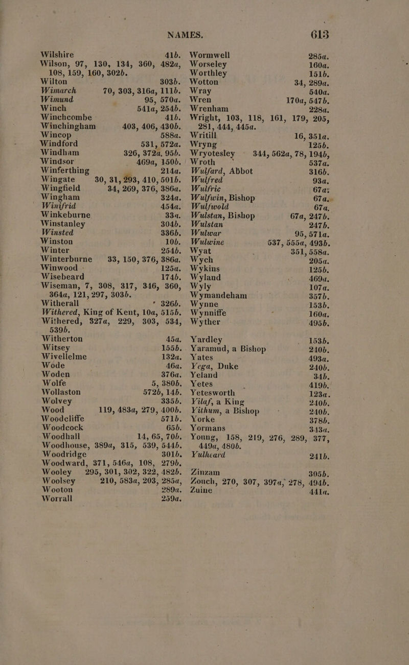Wilshire 41b. Wormwell 285a. Wilson, 97, 130, 134, 360, 482a, Worseley 1604. 108, 159, 160, 3025. Worthley 1516. Wilton 303b. Wotton 34, 289a. Waimarch 70, 303, 316a, 1116. Wray 540a. Wimund 95, 570a. Wren 170a, 547b. Winch 541a, 2546. Wrenham 2284. Winchcombe 41b. Wright, 103, 118, 161, 179, 205, Winchingham 403, 406, 430b. 281, 444, 4454. Wincop 588a. Writill 16, 351a. Windford 531, 572a. Wryng 1256. Windham 326, 372a, 95). Wryotesley 344, 562a, 78, 194), Windsor 469a, 150b. Wroth , 537a. Winferthing ' 214a. Wulfard, Abbot 3165. Wingate 30, 31, 293, 410, 5015. Wulfred 93a. Wingfield 34, 269, 376, 386a. Wulfric 67a: Wingham 324a. Wulfwin, Bishop 67a... Winifrid 454a. Wulfwold 67a, Winkeburne 33a. Wulstan, Bishop 67a, 2476. Winstanley 304b. Wulstan 2476. Winsted 336). Wulwar 95, 571a. Winston 10b. Wulwine 537, 555a, 4935. Winter 2546. Wyat 351, 558a. Winterburne 33, 150, 376, 386a. Wych 205a. Winwood - 125a. Wykins 125). Wisebeard 174b. Wyland 469a. Wiseman, 7, 308, 317, 346, 360, Wyly 107a. 364a, 121, 297, 303b. Wymandeham 357b. Witherall * 326b. Wynne 153b. Withered, King of Kent, 10a, 5155. Wynniffe , 160a. Withered, 327a, 229, 303, 534, Wyther 495. 5395, Witherton 45a. Yardley 1535. Witsey 1556. Yaramud, a Bishop 2406. Wivellelme 132a. Yates A93a. Wode 46a. Yega, Duke 240b. Woden 376a. Yeland 34B. Wolfe 5, 3805. Yetes 4196. Wollaston 5726, 14b. Yetesworth 123a. Wolvey 3356. Yilaf, a King 240b. Wood 119, 483a, 279, 4005. Yithum, a Bishop 240b. Woodcliffe - §671b. Yorke 378D. Woodcock 65b. Yormans 343a. Woodhall 14, 65, 70b. Young, 158, 219, 276, 289, 377, Woodhouse, 389a, 315, 539, 5445. Woodridge 3010. Woodward, 371, 546a, 108, 2790. Wooley 295, 301, 302, 322, 4825. Woolsey 210, 5834, 203, 285a, Wooton 289d. Worrall 259a. 449a, 4806. Yulheard 2415. Zinzam 3055. Zouch, 270, 307, 397a, 278, 4945. Zuine 441a,