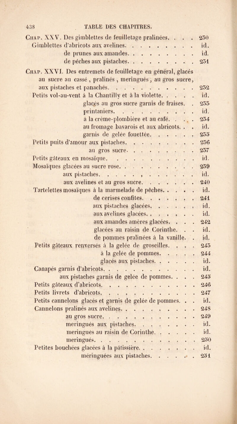 Chap. XXV. Des gimblettes de feuilletage pralinées. . . . 250 Gimblettes d’abricots aux avelines id. de prunes aux amandes. id. de pèches aux pistaches 251 Chàp. XXYI. Des entremets de feuilletage en général, glacés au sucre au cassé , pralinés , meringués, au gros sucre, aux pistaches et panachés 252 Petits vol-au-vent à la Chantilly et à la violette id. glacés au gros sucre garnis de fraises. . 255 printaniers id. à la crème-plombière et au café. . ., . 254 au fromage bavarois et aux abricots. . . id. garnis de gelée fouettée 255 Petits puits d’amour aux pistaches . 256 au gros sucre 257 Petits gâteaux en mosaïque id. Mosaïques glacées au sucre rose 259 aux pistaches id. aux avelines et au gros sucre 240 Tartelettes mosaïques à la marmelade de pêches id. de cerises confites . 241 aux pistaches glacées id. aux avelines glacées id. aux amandes amères glacées. . . . 242 glacées au raisin de Corinthe. . . id. de pommes pralinées à la vanille. . id. Petits gâteaux renversés à la gelée de groseilles. . . . 245 à la gelée de pommes 244 glacés aux pistaches id. Canapés garnis d’abricots id. aux pistaches garnis de gelée de pommes. . . . 245 Petits gâteaux d’abricots 246 Petits livrets d’abricots 247 Petits cannelons glacés et garnis de gelée de pommes. . . id. Cannelons pralinés aux avelines 248 au gros sucre 249 meringués aux pistaches id. meringués au raisin de Corinthe id. meringués 250 Petites bouchées glacées à la pâtissière id. méringuées aux pistaches 251