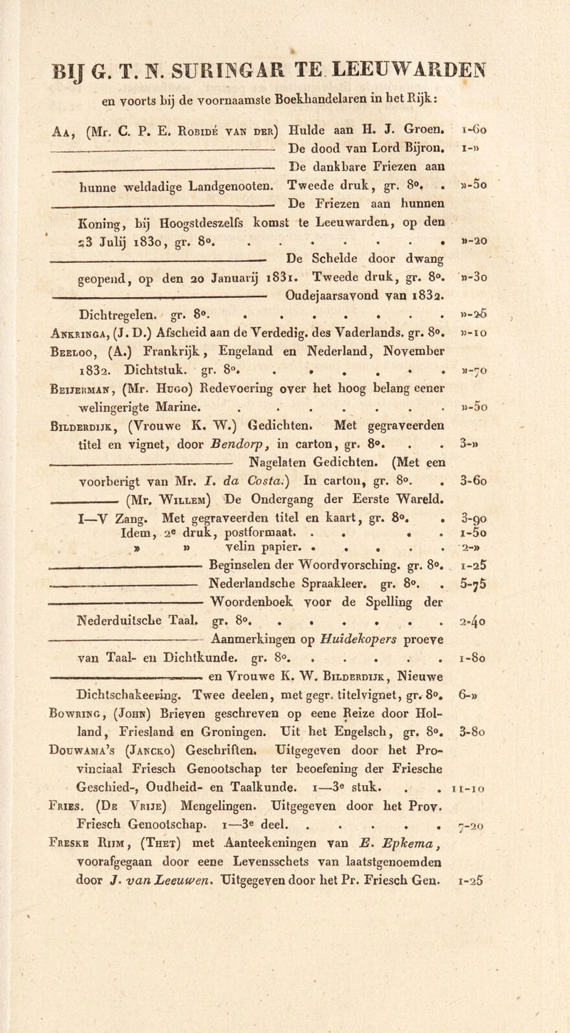 en voorts bij de voornaamste Boekhandelaren in het Kijk: Aa, (Mr. C. P. E. Robidé vak der) Hulde aan H. J. Groen. 1-60 __ De dood van Lord Bijron. i-» —— De dankbare Friezen aan hunne weldadige Landgenooten. Tweede druk, gr. 8°, . »-5o De Friezen aan hunnen Koning, bij Hoogstdeszelfs komst te Leeuwarden, op den s3 Julij i83o, gr. 8°. ....... »-20 De Schelde door dwang geopend, op den 20 Januarij i83i. Tweede druk, gr. 8°. s&gt;-3o . Oudejaarsavond van i832. Dichtregelen, gr. 8°. . ...... »-26 Akkrikga, (J. D.) Afscheid aan de Verdedig, des Vaderlands, gr. 8». »-io Beeloo, (A.) Frankrijk, Engeland en Nederland, November i832. Dichtstuk, gr. 8°. . • . . • . »-70 Beijermak, (Mr. Hugo) Redevoering over het hoog belang eener welingerigte Marine. . ...... »-5o Bilderdijk, (Vrouwe K. W.) Gedichten. Met gegraveerden titel en vignet, door Bendorp, in carton, gr. 8°. . . 3-)» -— — Nagelaten Gedichten. (Met een voorberigt van Mr. I. da Costa.) In carton, gr. 8°. . 3-6o (Mr. Willem) De Ondergang der Eerste Wareld. I—V Zang. Met gegraveerden titel en kaart, gr. 8°. . 3-go Idem, 2e druk, postformaat. . • . i-5o » » velin papier. . . * 2-» —— — — Beginselen der Woordvorsching. gr. 8°. i-25 ...... —r Nederlandsche Spraakleer, gr. 8°. . 5-y5 .—— — Woordenboek voor de Spelling der Nederduitsche Taal. gr. 8°. • . • . . 2*40 — ——— Aanmerkingen op HuideTcopers proeve van Taal- en Dichtkunde, gr. 8°. . . . 1-80 ——— ——■ —.—»»■—...... en Vrouwe K. W. Bilderdijk, Nieuwe Dichtschakeering. Twee deelen, met gegr. titelvignet, gr. 8°, 6-» Bowring, (Johk) Brieven geschreven op eene Reize door Hol- land, Friesland en Groningen. Uit het Engelsch, gr. 8°. 3-8o Douwama’s (Jakcko) Geschriften. Uitgegeven door het Pro- vinciaal Friesch Genootschap ter beoefening der Friesche Geschied-, Oudheid- en Taalkunde. 1—3e stuk. . . 11-10 Fries. (De Vrije) Mengelingen. Uitgegeven door het Prov» Friesch Genootschap. 1—3e deel. ..... 7-20 Freske Rum , (Thet) met Aanteekeningen van E. Eplcema, voorafgegaan door eene Levensschets van laatstgenoemden door J. van Leeuwen. Uitgegeven door het Pr. Friesch Gen. 1-25