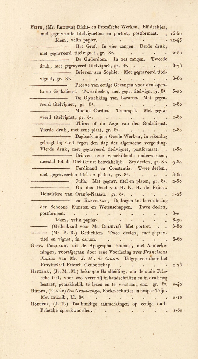 Feith, (Mr. Rhijnvis) Dicht- en Prozaïsche Werken. Elf deeltjes, met gegraveerde titelvignetten en portret, postformaat. . Idem, velin papier. ...... _ Het Graf. In vier zangen. Derde druk, met gegraveerd titelvignet, gr. 8°. ..... De Ouderdom. In zes zangen. Tweede druk, met gegiaveerd titelvignet, gr. 8°. . —___ Brieven aan Sophie. Met gegraveerd titel- vignet, gr. 8°. . . ...... Proeve van eenige Gezangen voor den open- baren Godsdienst. Twee deelen, met gegr. titelvign. gr. 8°. De Opwekking van Lazarus. Met gegra- veerd titelvignet, gr. 8°. -— —— Mucius Cordus. Treurspel. Met gegra- veerd titelvignet, gr. 8°. . . Thirsa of de Zege van den Godsdienst. Yierde druk , met eene plaat, gr. 8°. Dagboek mijner Goede Werken, in rekening gebragt bij God tegen den dag der algemeene vergelding. Yierde druk, met gegraveerd titelvignet, postformaat. — —- Brieven over verschillende onderwerpen , meestal tot de Dichtkunst betrekkelijk. Zes deelen, gr. 8°. *—— — Ferdinand en Constantia. Twee deelen, met gegraveerden titel en platen, gr. 8°. ... -— ——- Julia. Met gegrav. titel en platen, gr. 8®. — Op den Dood van H. K. H. de Prinses Douairière van Oranje-Nassau. gr. 8°. .... en Kantelaar , Bijdragen tot bevordering der Schoone Kunsten en Wetenschappen. Twee deelen, postformaat. .«.««•... Idem , velin papier. ...... (Gedenkzuil voor Mr. Rhijnvis) Met portret. (Mr. P. R.) Gedichten. Twee deelen, met gegrav* titel en vignet, in carton. Gesta Fresonum, uit de Apographa Juniana, met Aanteeke- ningen, voorafgegaan door eene Yoorlezing over Franciscus Junius van Mr. J. TV. de Crane. Uitgegeven door het Provinciaal Friesch Genootschap. ..... Hettema, (Jr. Mr. M.) beknopte Handleiding, om de oude Frie- sche taal, voor zoo verre zij in handschriften en in druk nog bestaat, gemakkelijk te lezen en te verstaan, enz. gr. 8°. IIiddes , (Eeltje)fen Grouwenga, Foeke-schutter en hospes-Trijn. Met muzijk, kl. 8°. . . . . . . . Hoeufft, (J. H.) Taalkundige aanmerkingen op eenige oud- Friesche spreekwoorden. v . .... i6-5o 21-45 2- 5o 3- 7$ 3-6o 5-20 i-8o i-8o i-8o 1- 5o 9-6° 3-6o 2- 5o »«•25 3- » 3-90 3-8o 3-6o 12$ »-4 o »'10 1-80