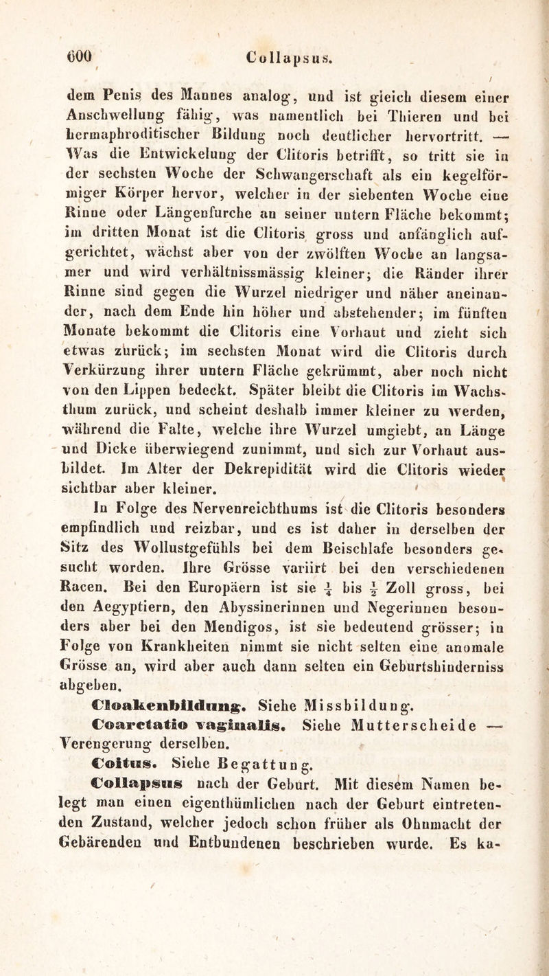 tiOO Collaustis. # ^ / dem Penis, des Mannes analog*, und ist gieicb diesem einer Anschwellung fähig, was namentlich bei Thieren und hei liermaphroditischer Bildung noch deutlicher hervortritt. — Was die Entwickelung der Clitoris betrifft, so tritt sie in der sechsten Woche der Schwangerschaft als ein kegelför- miger Körper hervor, welcher in der siebenten Woche eine Rinne oder Längenfurche an seiner untern Flache bekommt; im dritten Monat ist die Clitoris gross und anfänglich auf- gerichtet, wächst aber von der zwölften Woche an langsa- mer und wird verhältnissmässig kleiner; die Ränder ihrer Rinne sind gegen die Wurzel niedriger und näher aneinan- der, nach dem Ende hin hoher und abstehender; im fünften Monate bekommt die Clitoris eine Vorhaut und zieht sich etwas zurück; im sechsten Monat wird die Clitoris durch Verkürzung ihrer untern Fläche gekrümmt, aber noch nicht von den Lippen bedeckt. Später bleibt die Clitoris im Wachs- thuni zurück, und scheint deshalb immer kleiner zu werden, während die Falte, welche ihre Wurzel umgiebt, an Länge und Dicke überwiegend zunimmt, und sich zur Vorhaut aus- hildet. Im xVIter der Dekrepidität wird die Clitoris wieder sichtbar aber kleiner. In Folge des Nervenreichthums ist die Clitoris besonders empfindlich und reizbar, und es ist daher in derselben der Sitz des Wollustgefühls bei dem Beischlafe besonders ge« sucht worden. Ihre Grösse variirt bei den verschiedenen Racen. Bei den Europäern ist sie ^ bis ^ Zoll gross, bei den Aegyptiern, den Abyssinerinnen und Negerinnen beson- ders aber bei den Mendigos, ist sie bedeutend grösser; in Folge von Krankheiten nimmt sie nicht selten eine anomale Grösse an, wird aber auch dann selten ein Geburtshiuderniss abgeben, Cfloakeiibildtui^. Siehe Missbildung. Coai*ctat£o i&amp;a|i^£jBialij§. Siehe Mutterscheide — Verengerung derselben. CoHies. Siehe Begattung. Collags^Bas nach der Geburt. Mit diesem Namen be- legt man einen eigenthümlichen nach der Geburt eintreten- den Zustand, welcher jedoch schon früher als Ohnmacht der Gebärenden und Entbundenen beschrieben wurde. Es ka-