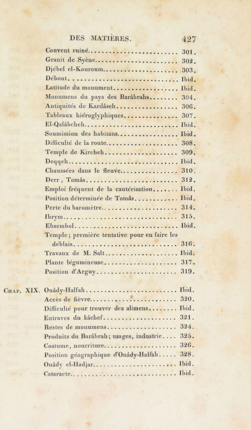 TABLE DES MATIÈRES CONTENUES DANS CE VOLJJME. Chap, Mission reçue du ministre de l’interieur. 2. Instruinens emporte's pour le voyage Ibid. Départ pour Alexandrie, avec M. Letorzec.. 3, Port Saint-Pierre. — Malte 4. Alexandrie 5. Lettres et pre'sens destinés pour îe vice-roi. . 1. Départ pour le Caire Ibid. Boghâz de Rosette 8 . Nouveau canal 9. Informations prises à Terrâneh sur le voyage à Syouâh Ibid. Arrivée au Caire 12, Hypogées de Saqqârah; bœufs embaumés.. Ibid. Chap. II. Visite au Kiahya-bey 1(3. Détails sur Syouâh 17 . Départ pour le Fayoum 18. Benysoueyf . . 19 . Arabes rebelles Ibid. EI-Lâhoun 21 , Coquilles du canal de Joseph 22 . ^ Médine. — Visite à Ibrahym aghâ Ibid. Défaite des Arabes révoltés 23. Puissance actuelle de Mohammed-AIy pacha. Ibid. Prépai’atifs de départ pour Syouâh 24. Difficultés opposées par les guides 25. Camp arabe ; affabilité des femmes ; leurs usages 27. '21*