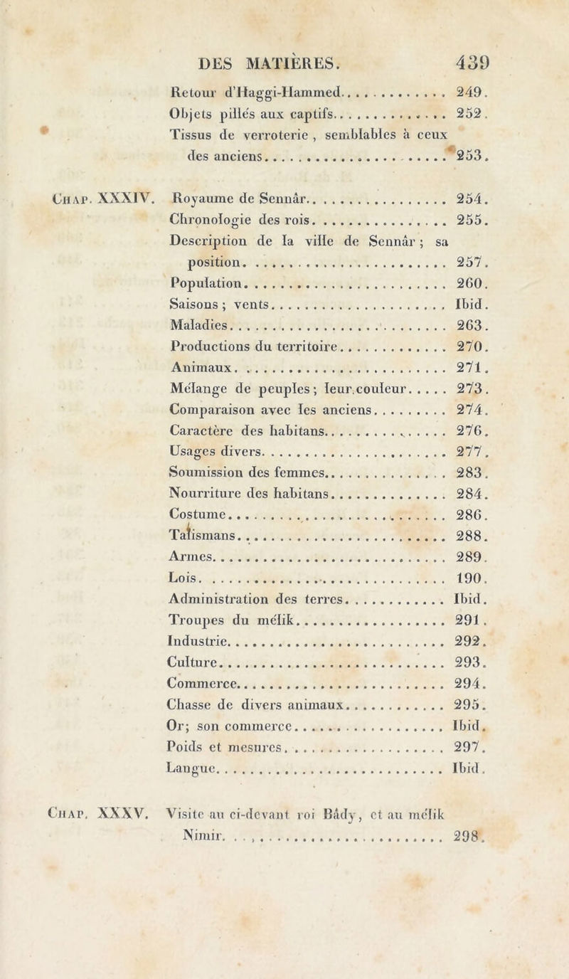 249. 252. Retour d’Haggi-HammeJ Objets pille's aux captifs Tissus de verroterie , semblables à ceux des anciens * 253. (Jhat. XXXIV. Royaume de Sennâr 254. Chronologie des rois 255. Description de la ville de Sennâr ; sa position 257. Population 260. Saisons; vents Ibid. Maladies 263. Productions du territoire 270. Animaux 271. Mélangé de peuples; leur.couleur 273. Comparaison avec les anciens 274. Caractère des habitans 276. Usages divers 277 . Soumission des femmes 283. Nourriture des habitans 284. Costume 286. Talismans 288. Armes 289. Lois 190. Administration des terres Ibid. Troupes du mclik 291. Industrie 292. Culture 293. Commerce 294. Chasse de divers animaux 295. Or ; son commerce Ibid. Poids et mesures 297. Langue Ibid. Cjiap, XXXV. Visite au ci-devant roi Bâdy, et au me'lik Nimir. 298.