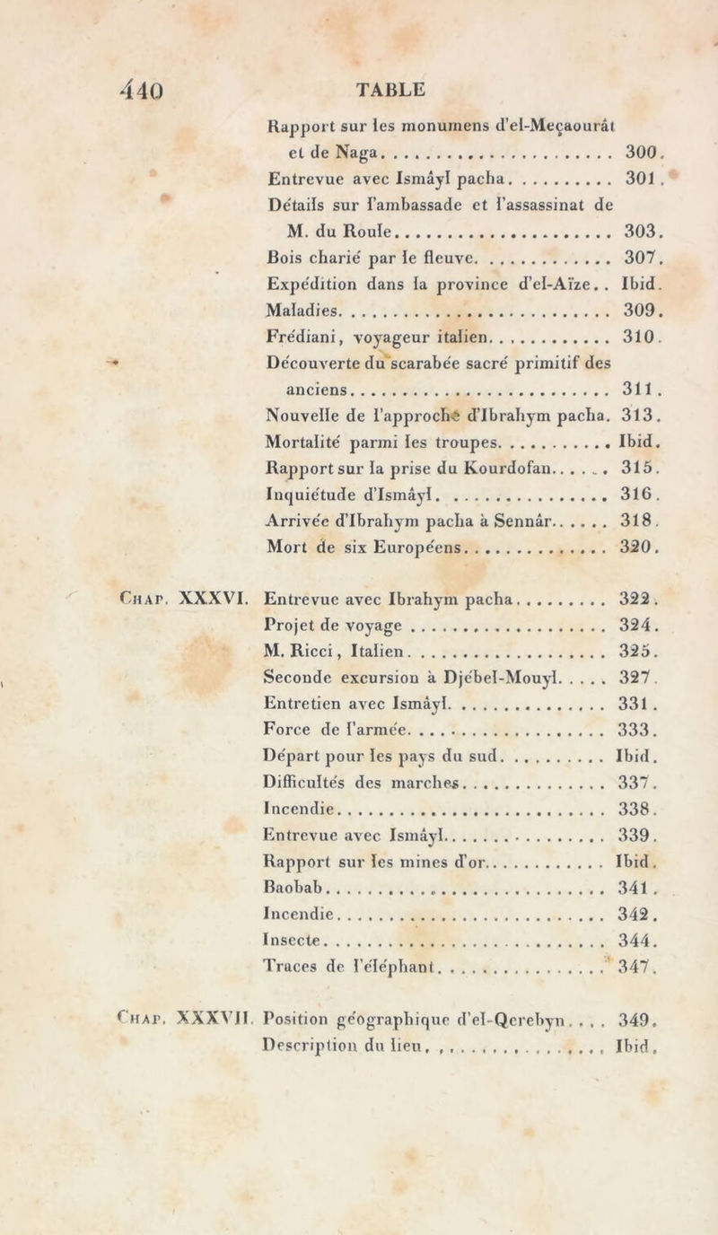 Rapport sur les monumens d’el-Meçaourâ( et de Naga 300. Entrevue avec Isniâyl pacha 301 . De'tails sur l’ambassade et l’assassinat de M. du Roule 303. Bois charie' par le fleuve 307. Expe'dition dans la province d’el-Aïze.. Ibid. Maladies 309. Fre'diani, voyageur italien. , 310. De'couverte du''scarabe'e sacre' primitif des anciens 311, Nouvelle de l’approch'ê d’Ibrahym pacha. 313. Mortalité' parmi les troupes Ibid. Rapport sur la prise du Kourdofan...... 315. Inquiétude d’Ismâyl 316. Arrive'e d’Ibrahym pacha k Sennâr 318 . Mort de six Europe'ens 320. ruAP. XXXVI. Entrevue avec Ibrahym pacha 322. Projet de voyage 324. M. Ricci, Italien 325, Seconde excursion k Djébel-Mouyl 327. Entretien avec Ismàyl 331 . Force de l’armée 333. Départ pour les pays du sud Ibid. Difficultés des marches 337, Incendie 338. Entrevue avec Ismâyl 339. Rapport sur les mines d’or Ibid. Baobab 341 , Incendie 342, Insecte 344. Traces de l’éléphant ' 347, fMAr. XXXVII. Position géographique d’el-Qerebyn, . . . 349. Description du lieu, Ibid.