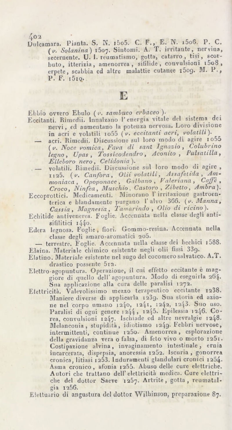 4c>'2 Dulcamara. Pianta. S. IV i5o5. C. F,, E. N. ijoG. P. C. ( r. Solanina) i^o’]. Sintomi. A. T. irritante, nervina, seceruente. U. I. reumatismo, gotta, catarro , tisi , scor- buto, itterizia, amenorrea, sifilide, convulsioni i5o8 , erpete, scabbia cd altre malattie cutanee l5og. M. P• , P. F. 15io» E Ebbio ovvero Ebulo ( sambuco erbaceo )• _ Eccitanti. Riinedii. Innalzano l’energia vitale del sistema dei nervi, ed aumentano la potenza nervosa. Loro divisione in acri e volatili io55 ( r. eccitanti acri, rotatili )• — acri. Rimedii. Discussione sul loro modo di agire io55 ( r. Noce vomica, Fara eli sant Ignazio , Colubrino legno, Upas , Tossicodcnd.ro, Aconito , Pulsatilla, Elleboro nero. Celidonia). , — volatili. Rimedii. Discussione sul loro modo di agire , ii25. (r. Canfora, Olii rotatili, Assafetida , Ani- nio iliaca , Opoponace , Galbano , Euleriana, Caffè, Croco, Ninfea, Muschio, Castoro , Zibetto, Ambra). Eccoprottici. Medicamenti. Minorano l’irritazione gastroen- terica e blandamente purgano 1 alvo 366. (r. Manna, Cassia, Magnesia, Tamarindo , Olio di ricino). Echitide antivenerea. Foglie. Accennata nella classe degli anti- si fìntici 1440. Edera legnosa. Foglie , fiori. Gommo-resina. Accennata nella classe degli amaro-aromatici 205. — terrestre. Foglie. Accennata nella classe dei beehici i588. Eiaina. Materiale chimico esistente negli olii fissi 33g. Elatino. Materiale esistente nel sugo del cocomero salyatico. A.T. drastico possente 5ra. Elettro-agopuntura. Operazione, il cui effetto eccitante è mag- giore di quello dell’agopuntura. Modo di eseguirla 264. Sua applicazione alla cura delle paralisi 1272. Elettricità. Valevolissimo mezzo terapeutico eccitante 1238. Maniere diverse di applicarla 1289. Sua storia ed azio- ne nel corpo umano 12^0, 1241, 1242, 1243- Suo uso. Paralisi di ogni genere 1244» Epilessia 1246. Co- rea, convulsioni ia47- Ischiade ed altre nevralgie 1248. Melancouia , stupidità, idiotismo 1249- Febbri nervose, intermittenti, continue i25o. Amenorrea, esplorazione della gravidanza vera o falsa, di feto vivo o morto I25i. Costipazione alvina, invaginamelo intestinale, ernia incarcerata, dispepsia, anoressia 1252. Iscuria , gonorrea cronica, litiasi 1253. Induramenti glandulari cronici 1264. Asma cronico, afonia 12.55. Abuso delle cure elettriche. Autori che trattano dell’elettricità medica. Cure elettri- che del dottor Saeve 1257. Artrite, gotta, reumatal- gia 1256. Elettuario di angustura del dottor Wilhinson, preparazione 87.