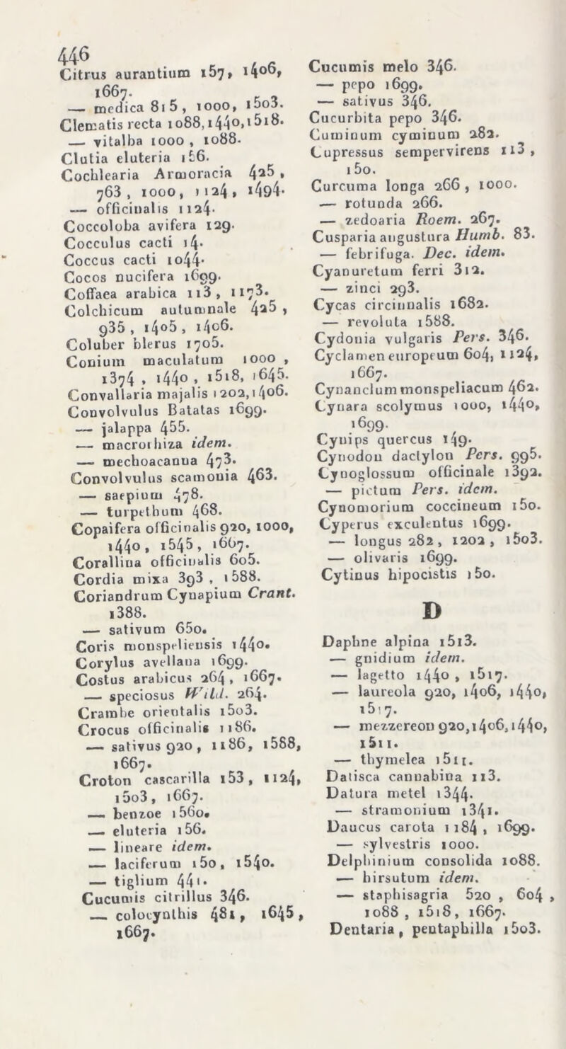 Citrus aurantium i57» i4°^> 1667. — medica 81 5, 1000, uoa. Clematis rccta 1088,i44°*1'*1^' — vitalba 1000 , 1088. Clutia eluteria i56. Cocblearia Arcnoracift 4^5 • 763, 1000, >124» *494- — officinalis 1124- Coccoloba avifera 129. Cocculus cacti 14. Coccus cacti 1044. Cocos nucifera 1699. Coffaea arabica n3, 1173. Colchicum aulumnale 4a^ * g35, i4°5» »4°6* Coluber blerus 1705. Conium maciilatum 1000 , 1374 • *44° > *518, 164^- Convallaria majalis 1202,1406. Convolvulus Batatas 1699. — jalappa 456. .—. macroi biza idem. — mechoacanua 47^* Convolvulus scamouia 463. — saepium 478- — turpethuni 468. Copaifera officinalis 920, IOOO, i44°» i545, 1667. Corallina officinalis 6o5. Cordia mixa 393, 1588. Coriandrum Cyuapium Crani. 1388. — sativum 65o. Coris monspelieusis 144°» Coryl us avellana 1699. Costus arabicus 264, 1667. — speciosus ff'ild. 264* Cratnbe orientalis i5o3. Crocus officinali* 1 186. — sativus 920, 1186, i588, 1667. Croton cascarilla i53, «124, i5o3, 1667. —— benzoe i56o. . eluteria i56. — lineare idem. — lacifcrum i 5o , i54o. — tiglium 44 1 • Cucumis cilrillus 346. colocynthis 4^»» 1645, 1667. Cucumis melo 346. — pepo 1699. — sativus 346. Cucurbita pepo 346. Cuminum cymiuum 282. Cupressus sempervirens xi3, 15o. Curcuma longa 266, 1000. .— rotunda 266. — zedoaria Roem. 267. Cusparia angustura Humb. 83. — febrifuga. Dee. idem. Cyanuretum ferri 312. — zinci 293. Cycas circinnalis 1682. — revoluta 1588. Cydouia vulgaris Pers. 346. Cyclamen europi um 6o4t n24* 1667. Cynauclummonspeliacum 462. Cynara scolymus 1000, i44°> .'699. Cynips quercus T49- Cynodou daclylou Pcrs. 995. Cynoglossum officinale 1892. — pietuna Pers. idem. Cynomorium coccineum i5o. Cyperus exculentus 1699. — longus 282, 1202, i5o3. — olivaris 1699. Cytinus hipocistis )5o. D Daphne alpina i5i3. ■— gnidium idem. — lagetto i44° , 1617. — laureola 920, i4o6, »44°» r5'7. — mezzcreou 920,1 4o6,i44°> i5i 1. — thynielea >5ii. Dalisca cannabina ii3. D atura metel 1344- — stramonium 1341 • Daucus carota 1 184 > 1699. — sylvestris 1000. Delpbinium consolida 1088. — hirsutum idem. — stapbisagria 520 , 6o4 > 1088 , 1518, 1667. Dentaria, peutaphilla i5o3.