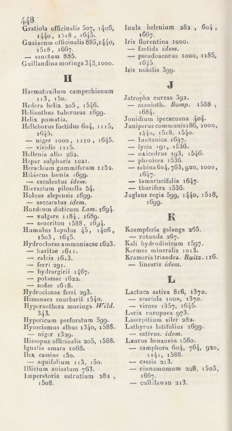 44» Gratiola officinalis 507, 1406, 144°* *5*8 > »645. Guaiacum officinalis 885,i44°» i5i8 , 1667. — sanclum 885. Guillandina moringa 343,iooo. il Haematoxilurn campechianurq 113, j 5o. Hedera hclix 2o5 , 1546. Helianllms luberosus 1699. Helix pomatia. Hellel)orus foetidus 6o4> 1115, iG45. — niger 1000, ilio, 1645. — viridi» 111 5. Hellenia alba 262. Hepar sulpburis 1021. Heracleum gummiferum ii52. Hibiscus bamia 1699. —• esculentus idem. Hieracium pilosella 54> Holcus alepensis 1699. — saccaratus idem. Hordeum disticuin Lam. 1694. — vulgare 1184. 1689. — zeocriton i5S8, 1694* Humulus lupulus 45 > i4ofi, i5o3 , 1645. Hyd rocloras ammoniacae 1623. — bari tae 161 i. — calcis i6i3. — ferri 291. — hydrargirii 14^7* — potassae 1622. — sodae 1618. Hydrocianas ferri 293. Hiineuaea courbaril i54o. Hypcranthera moriDga Wild. 343. Hypericum perforatimi 599. Hyosciamus albus i34o, l588. — niger 1329. Hissopus officinalis 2o5, 1588. Ignatia amara 1068. ilex cassine i5o, — aquifoliutn u3, i5o. llliciucn anisatum 763. Imperatoria ostrutium 282 , i5o8. Inula heleuiutn 282 , 604 , 1667. Iris fiorentina 1000. — foetida idem. — pseudoacorus iooo, 1185, i6.j5. isis uobilis 399. J Jatropha curcas 892. — manioth. Bomp. 1588 , i684. Jonidium ipecacuana 4°4 JuniperuscomuiunisiSG, 1000, i44o, i5i8, i54o. — lusitauica 1647. — lycia 191, 1536. — oxicedrus 193, i54G. — phenicea 1 536. — sabina604, 763, 920, 1000, 1647. — tamariscifolia 1647- — thurifera 1 536. Juglans regia 599, 144°» >5i8, 1699. K Koempferia galanga 265. — rotunda 267. Kali hydrodinicutn 1897. Kermes mineralia ioi3. Krameria Iriandra. Ruilz, 116. — linearis idem. L. Lactuca saliva 816, 1370. — scariola 1000, 1870. — virosa 1857, i645. Larix europoea 973. Laserpitium siler 282. Lathyrus latifolius 1699. — sativus. idem. Laurus benzovin i56o. — camphora 6o4, 764, 920, 114 > » 1 ^88. •— cassia 2i3. — cinnamomum 2j8, i5o3, 1667. — cullilawan 213.