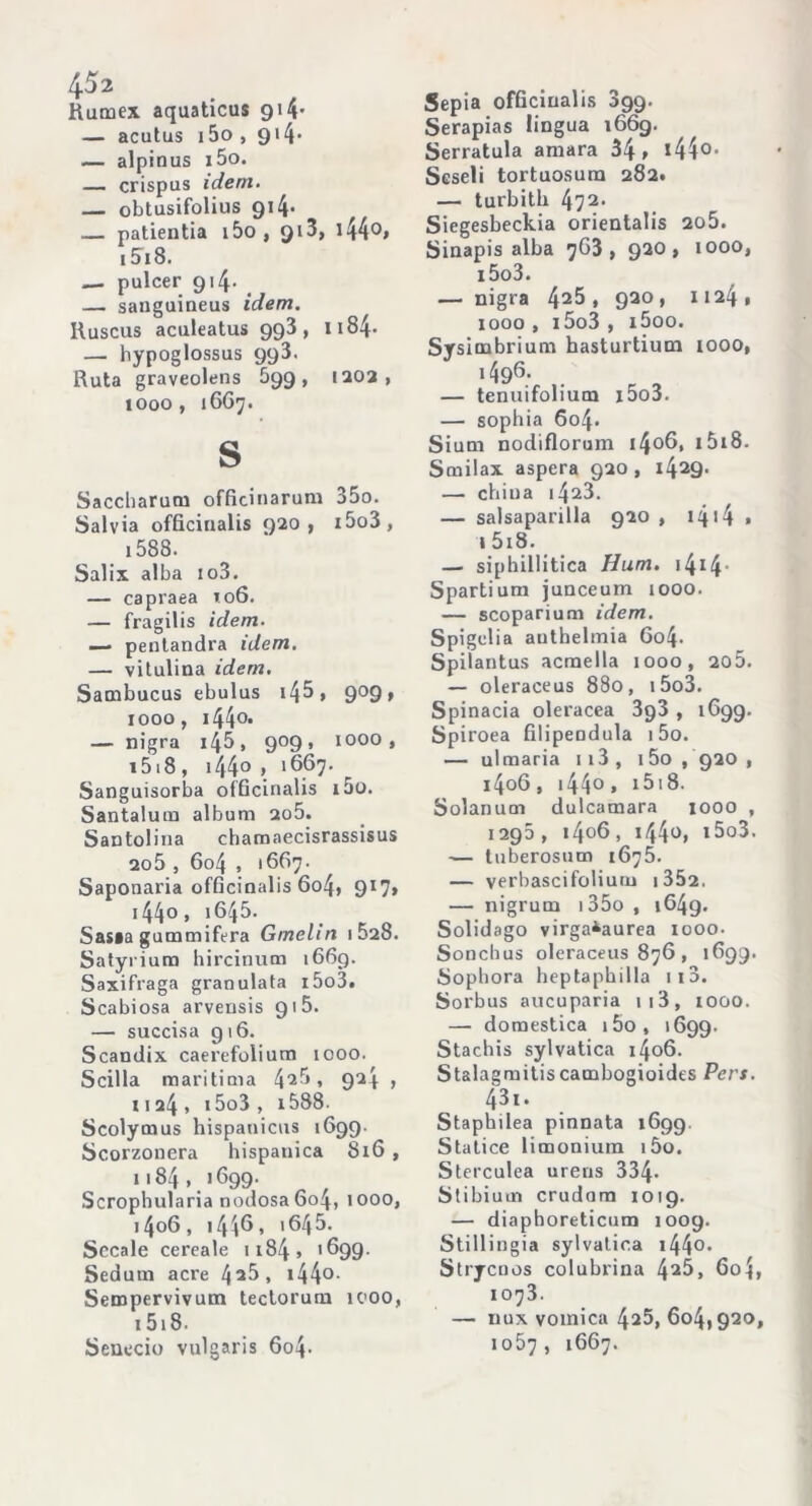 Rurnex aquaticus 914* — acutus i5o , 914* — alpinus i5o. — crispus idem. — obtusifolius 914- — patientia i5o, 913, i44°> i5i8. — pulcer 914* — sanguineus idem. Ruscus aculeatus 993, li84- — hypoglossus 993. Ruta graveolens 599, 1202, 1000, 1667. s Saccharum officinarum 35o. Salvia officinalis 920, i5o3, 1588. Salix alba io3. — capraea 106. — fragilis idem. — pentandra idem. — vitulina idem. Sambucus ebulus 145 , 909 , 1000, 144°. — nigra 145, 909, 1000 , 1518, i44° , 1667. Sanguisorba officinalis i5o. Santalum album 2o5. Santolina chamaecisrassisus 2o5 , 604 , 1667. Saponaria officinalis 6o4, 917» i44°» J645- Q Sas»a gummifera Gmelin 1028. Satyrium hircinum 1669. Saxifraga granulata r5o3. Scabiosa arvensis 91 5. — succisa g 16. Scandix caerefoiium 1000. Scilla maritima 42^J » 924 » 1124» 15o3 , 1588. Scolymus hispanicus 1699. Scorzonera hispauica S16 , 1184, 1699. Scrophularia nodosa 6o4, 1000, 1406, 1446, i645. Secale cereale 1184 » » 699. Seduta acre 4^5, i44°- Sempervivum teclorum ìcoo, 1518. Senecio vulgaris 6o4- Sepia officinalis 899. Serapias lingua 1669. Serratula amara 341 »44°* Scseli tortuosum 282# — turbitli 472, Siegesbeckia orientalis 2o5. Sinapis alba 763 , 920 , 1000, i5o3. — nigra 425 . 920, n24» 1000 , i5o3 , i5oo. Sysimbrium hasturtium iooo, •49®* . r „ — tenuifolium i5o3. — sophia 6o4> Sium nodiflorum i5i8. Smilax aspera 920, 1429. — china i423. — salsaparilla 920 , 1414 • 1 5i8. — siphillitica Hum. 1414' Spartium junceum 1000. — scoparium idem. Spigelia anthelmia 6o4- Spilantus acmella 1000, 205. — oleraceus 880, i5o3. Spinacia oleracea 3g3 , 1699. Spiroea filipendula 1 5o. — ulmaria ii3, 15o , 920 , i4o6, 144° » 1518. Solanum dulcamara 1000 , 1298, 1406, 1440, i5o3. — tuberosum 1675. — verbascifolium i352. — nigrum i35o , i64g. Solidago virga*aurea iooo- Sonchus oleraceus 876 , 1699. Sophora heptapbilla ii3. Sorbus aucuparia u3, 1000. — domestica i5o, 1699. Stachis sylvatica 1406. Stalagmiti catnbogioides Pers. 43i. Staphilea pinnata 1699. Statice limoniura ìòo. Sterculea urens 334* Stibium crudum 1019. — diaphoreticum 1009. Stillingia sylvatica i44o> Strjcnos colubrina 42^> 604t 1073. — nux vomica 425, 604,920, 1057, 1667.