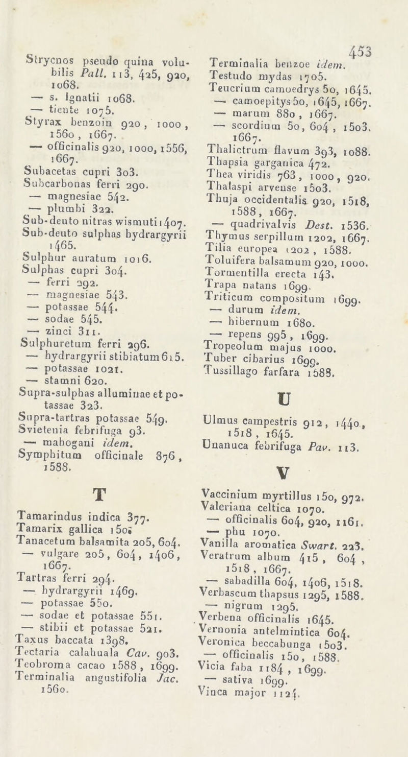 Strycnos pseudo quina volu- bili Pali, ii 3, 4^5, 920, 1068. — s. Igoalii 1068. _— ti ente 1078. Styrax benzoin 920, 1000, 156o , 1667. — officinalis 920, 1000, i556, 1667. Subacetas cupri 3o3. Subcarbonas ferri 290. — magnesiae 542. — plutnbi 322. Sub-d euto nitras wismuti 1407. Sub-deuto sulplias bydrargyrii 1 465. Sulphur auratum 1016. Sulphas cupri 3o4* — ferri 292. — magnesiae 543. — potassae 544» — sodae 545. — zinci 3i 1. Sulphuretum ferri 296. — hydrargyrii stibiatum6i5. — potassae 1021. — stamni 620. Supra-sulpbas a 1 luminae et po- tassae 323. Supra-tartras potassae 54g. Svietenia febrifuga g3. — mahogaui idem. Sympbituca officinale 876, i58S. T Tamarindus indica 377. Taniarix gallica 1 5oi Tanacetum balsamita 2o5, 604. — vulgare 2o5, 6o4 , 1406, 1667. Tartras ferri 294* — hydrargyrii 1469. — potassae 55o. — sodae et potassae 551. — stibii et potassae 521. Taxus fiaccata i3g8. Tectaria calahuala Cav. 903. Teobroma cacao i588 , 1699. Terminalia angustifolia Jac. 156o. 453 Terminalia benzoe idem. Testudo mydas 1705. Teucri um camoedrys 5o, 1645. —- camoepitysbo, • 645, 1667. — mar uni 880 , 1667. — scordium 5o, 604 , i5o3. 1667. Thalictrum flavum 398, 1088. Thapsia gargauica 472. Thea viridis 768, 1000, 920. Thalaspi arveuse i5o3. Thuja occidentalis 920, i5i8, i588, 1667. — quadri vai vis Dest. i536. Thymus serpillum 1202, 1667. Tilia europea 1202, 15S8- roluifera balsamum 920, 1000. Tormeutilla erecta 143. Trapa natans 1G99. Triticum compositum 1699. — durum idem. — hibernum 1680. — repens g95 , 1699. Iropeolum majus 1000. Tu ber ciba ri us 1699. Tussillago farfara 1688. u Ulmus campestri 912 , i44o, 1518 , 1645. Unanuca febrifuga Pav. n3. V Vaccinium myrtillus i5o, 972. Valeriana celtica 1070. 1 officinalis 604, 920, 1161. —- pbu 1070. Vanilla aromatica Swart. 223. Veratrum album 4i5, 6o4 i5i8 , 16G7. sabadilla Go4, 1406, 1 518. Verbascum tbapsus 1298, 1588. — nigrum 1295. Verbena officinalis 1645. Vernonia antelmintica 604. Veronica beccabunga (5o3. — officinalis i5o, 1588, Vicia faba 1184 , 1699. — sativa 1699. Vinca major 112!.