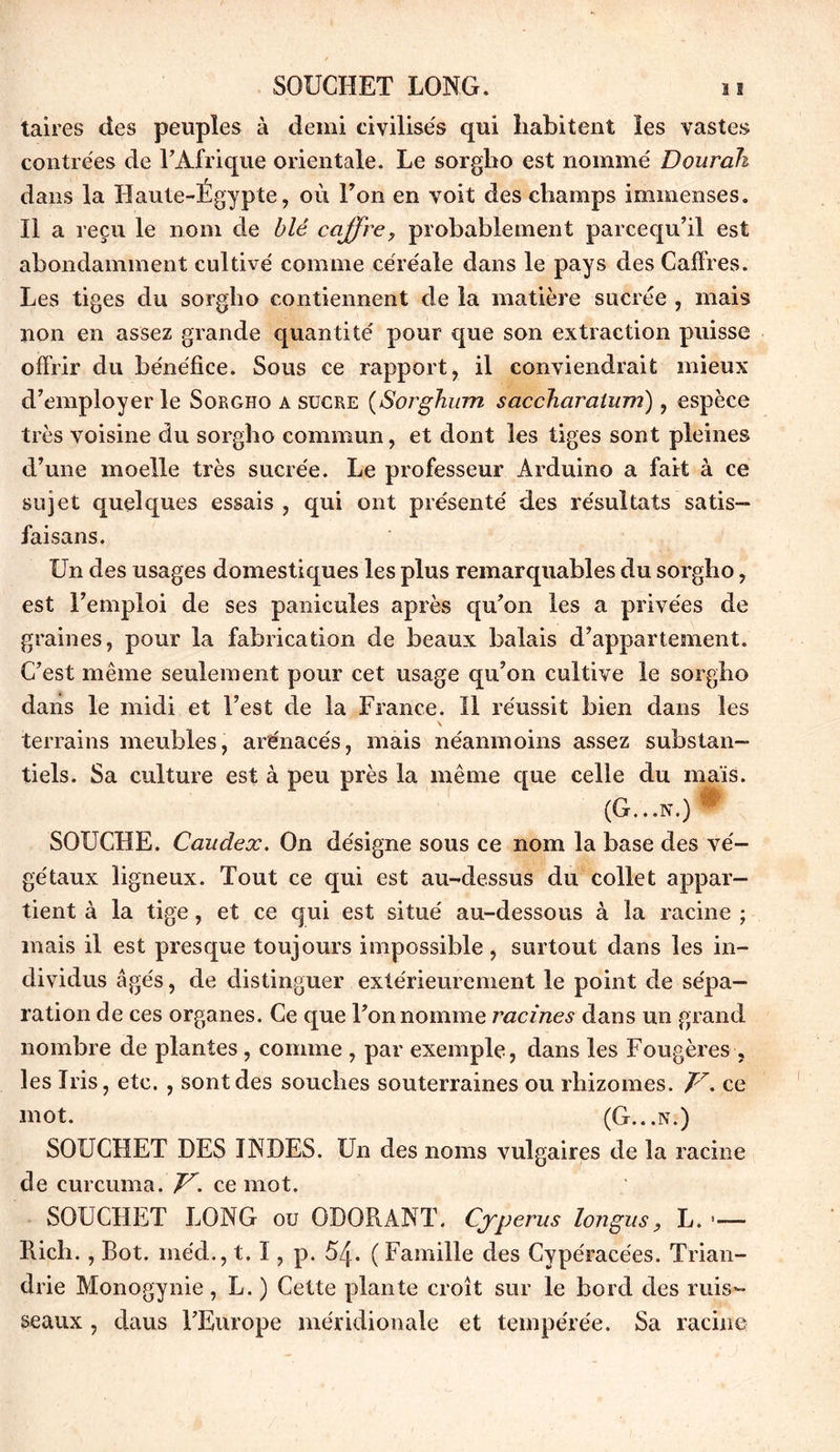 taires des peuples à demi civilisés qui habitent les vastes contrées de l’Afrique orientale. Le sorgho est nommé Dourah dans la Haute-Égypte, où Ton en voit des champs immenses. Il a reçu le nom de blé coffre, probablement parcequ’il est abondamment cultivé comme céréale dans le pays des CafFres. Les tiges du sorgho contiennent de la matière sucrée , mais non en assez grande quantité pour que son extraction puisse offrir du bénéfice. Sous ce rapport, il conviendrait mieux d’employer le Sorgho a sucre (Sorghurn saccharaium), espèce très voisine du sorgho commun, et dont les tiges sont pleines d’une moelle très sucrée. Le professeur Arduino a fait à ce sujet quelques essais , qui ont présenté des résultats satis- faisans. Un des usages domestiques les plus remarquables du sorgho, est l’emploi de ses panicules après qu’on les a privées de graines, pour la fabrication de beaux balais d’appartement. C’est même seulement pour cet usage qu’on cultive le sorgho dans le midi et l’est de la France. Il réussit bien dans les terrains meubles, arénacés, mais néanmoins assez substan- tiels. Sa culture est à peu près la même que celle du maïs. (G.. .N.) SOUCHE. Caudex. On désigne sous ce nom la base des vé- gétaux ligneux. Tout ce qui est au-dessus du collet appar- tient à la tige, et ce qui est situé au-dessous à la racine ; mais il est presque toujours impossible , surtout dans les in- dividus âgés, de distinguer extérieurement le point de sépa- ration de ces organes. Ce que l’on nomme racines dans un grand nombre de plantes, comme , par exemple, dans les Fougères , les Iris, etc. , sont des souches souterraines ou rhizomes. V. ce mot. (G...n.) SOUCHET DES INDES. Un des noms vulgaires de la racine de curcuma. V. ce mot. SOUCHET LONG ou ODORANT. Cjperus Ion gu s, L. 1— Rich., Bot. méd., 1.1, p. 54. ( Famille des Cypéracées. Trian- drie Monogynie , L. ) Cette plante croît sur le bord des ruis- seaux , dans l’Europe méridionale et tempérée. Sa racine