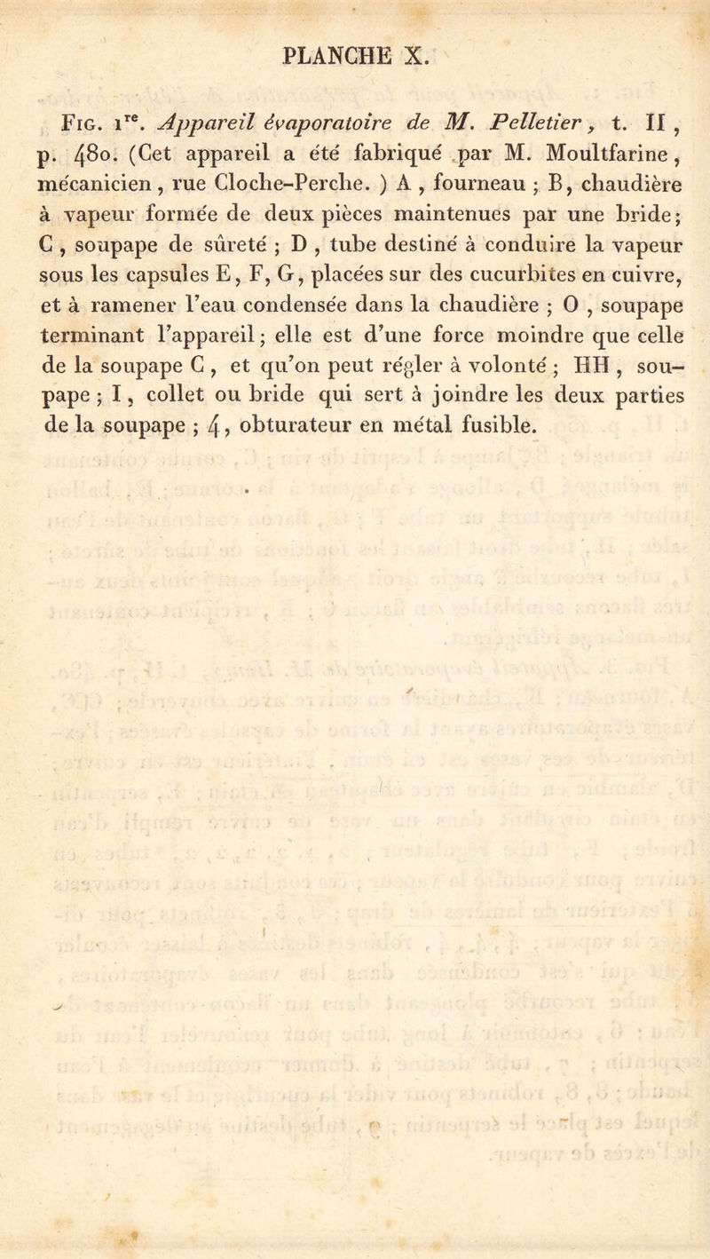 Fig. ire. Appareil èvciporatoire de M. Pelletier, t. II ? p. 48°. (Cet appareil a été' fabriqué par M. Moultfarine, mécanicien, rue Cloclie-Perclie. ) À , fourneau ; B, chaudière à vapeur formée de deux pièces maintenues par une bride ; C , soupape de sûreté ; D , tube destiné à conduire la vapeur sous les capsules E, F, G, placées sur des cucurbites en cuivre, et à ramener l’eau condensée dans la chaudière ; O , soupape terminant l’appareil ; elle est d’une force moindre que celle de la soupape C , et qu’on peut régler à volonté ; HH , sou- pape ; I j collet ou bride qui sert à joindre les deux parties de la soupape ; 4 ? obturateur en métal fusible. ✓ I