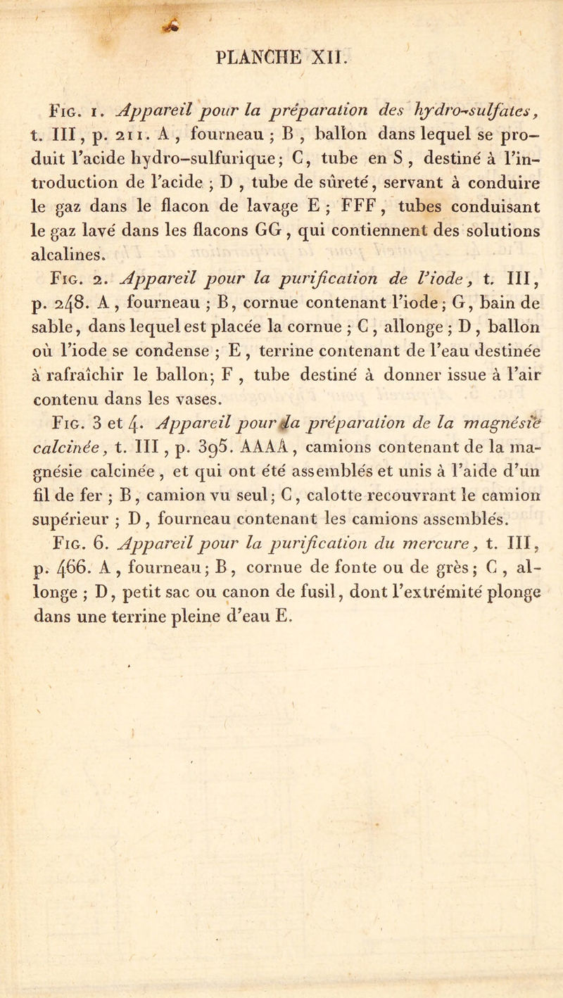 Fig. i. Appareil pour la préparation des hjrdro-*suIfates, t. III, p. 211. A , fourneau ; B , ballon dans lequel se pro- duit Facide hydro-sulfurique ; C, tube en S , destiné à l’in- troduction de Facide ; D , tube de sûreté, servant à conduire le gaz dans le flacon de lavage E ; FFF, tubes conduisant le gaz lavé dans les flacons GG , qui contiennent des solutions alcalines. Fig. 2. Appareil pour la purification de Viode, t, III, p. 248. A , fourneau ; B, cornue contenant l’iode; G, bain de sable, dans lequel est placée la cornue ; C , allonge ; D , ballon où l’iode se condense ; E , terrine contenant de l’eau destinée à rafraîchir le ballon; F , tube destiné à donner issue à l’air contenu dans les vases. Fig. 3 et 4- Appareil pour ia préparation de la magnésie calcinée, t. III, p. 3ç)5. AAAÀ, camions contenant de la ma- gnésie calcinée , et qui ont été assemblés et unis à l’aide d’un fil de fer ; B , camion vu seul; C, calotte recouvrant le camion supérieur ; D , fourneau contenant les camions assemblés. Fig. 6. Appareil pour la purification du mercure, t. III, p. 486. A , fourneau; B, cornue de fonte ou de grès; C , al- longe ; D, petit sac ou canon de fusil, dont l’extrémité plonge dans une terrine pleine d’eau E.