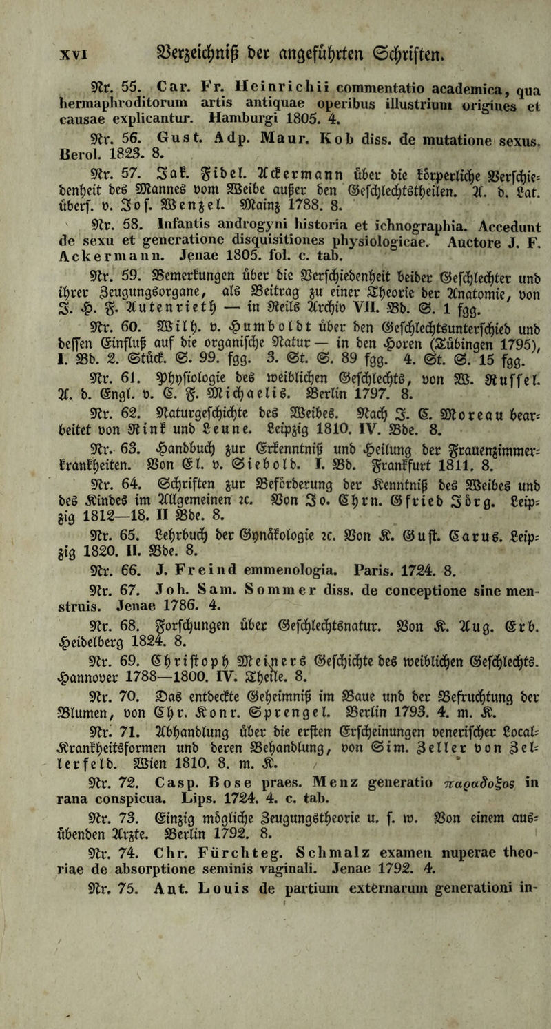 9fr. 15. Theoria generationis, auctore C. F. Wolff. Editio aucta. Halae 1774. 8. 9fr. 16. 2a&. ©paUanjani’ö SSerfucfj über bie <Sr$eugung ber Spiere unb ^flanjen, nebjt ©enebier’S (gntvourf einer ©efd)id)te orga= niftrter Äbrper »or ihrer Sefruchtung. 2f. b. gran&. P. 2D2icfaaeli$. Ceipsig 1786. 8. 9fr. 17. Lud. Gabr. Morel Diss. de generatione. Argentor. 1787. 8. 9fr. 18. Paul Fr. Herrn. Grasmeyer de conceptione et foecundatione humana. Gotting. 1789. 8. 9fr. 19. P. F. H. Grasmeyer supplementa quaedam ad dis- sertationem de conceptione et foecundatione humana. Gotting. 1789. 8. 9fr. 20. Setradjtungen über bie (Sdprangerung unb über bie Perfdhie; benen ©pfteme ber ©rgeugung. 2t. b. ©ngl. p. (5. ft. SDUcbaeltS. 3it= tau 1791. 8. 9fr. 21. Serfud) einer neuen 3eugung6theorie, non Sen. £&f<h- Cemgo 1801. 8. 9fr. 22. lieber bie ©r&eugung, ober 2tuf§dhlung unb Seurtheilung aU ter bisherigen 3eugungStheorieen, nebffc einer neuen unb Polljtdnbigen Qx- flärung. Son @hrp. $>olpf. (Schneegafi. Sena 1802. 8. 9fr. 23. Oie Beugung non Ofen. Samberg 1805. 8. 9fr. 24. Sur quelques points de physiologie relatifs a la con- ception et l’economie organique du foetus. Par Schweighaeu- ser. Strasbourg 1812. 8. 9fr. 25. Fr. Guil. Berger ad theoriam de foetus generatio- ne analecta. Lips. 1818. 4. 9fr. 26. Ölig. Fangel commentatio de generatione. Kiliae 1821. 8. 9fr. 27. Amours des salamandres aquatiques et developpement du tetard de ces salamandres depuis l’oeuf jusqu’ä l’animal parfait. Ouvrage par M. R u s c o n i. Milan. 1821. fol. av. planch. 9fr. 28. Sof. ©Heb. ÄblreuterS Poriauftge 9frd)richt oon eini= gen bas ©efdjlecfjt ber $Pflanjen betreffenben Setfudjen unb^Beobadjtungen. Ceipgig 1761. 8. 9fr. 29. 3. ©• &b treu ter ö gortfe^ung ber porldufigen 9'tabhridht. Seipjig 1763 — 66. III. Sbe. 8. 9fr. 30. Son ber ©epualttät ber ^Pflan^en. ©tubien Pon 2t u g. £ e n-- fdjet. SreSlau 1820. 8. 9fr. 31. Specimen de vegetabilium, iniprimis filicum propaga- tione. Auct. Fr. Ern. Lud. Fischer. Halae 1804. 8. 9fr. 32. Sie ©ntmiefetung, SDfrtamorphofe unb gortpftanjung ber $led)ten. 9tad) eigenen Seobac|tungen unb SSerfud^en, non ©. S- 2ß. SJteper. ©ottingen 1825. 8. 9fr. 33. Hnr. Aug. Wrisberg observationum de animalcu- lis infusoriis satura. Gotting. 1765. 8.