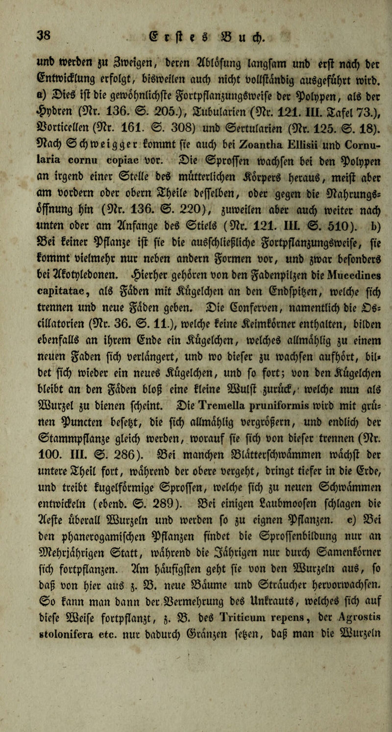 bei anbern ©attungen, fo wie beim Blutegel nur $ufallig ifl. Den Lumbricus variegatus pflanzte Bonnet (Sfr. 90. I. 0.310. Sfr. 91. 0. 244.) burd? fünflliche Steilung roiebcr()o(t fort, e) Bei bet £luerfpaltung $eigt ftcf> jletS ein gleichet Unterfd)ieb in ber Dimenftott ber £dnge: ber votbere $£h*il, b. f). ber, in beffen Siichtung baS ganje fid? bewegt, tmb an beffen Crnbe ber Sflunb ober bie gemein^ fd?aftlid>e Sfrb™ngSbffhung ftd) ftnbet, geigt gtofete ßebenbigfeit als ber entgegengefeite Hintere Sheil. Der votbere Streit üerf)dtt fiel) als Butter; er ijl, ba er bie SfrfwnngSeffhung behalt, nach ber Steilung baffelbe Snbivibuum, welches er vorher war; et ifl großer als bet hintere Sheit, bet ftd) $u einem Sungen entwicfelt. 2(lfo vorn geigt ftch rnefjr Snbivibualitat, meht 0treben, ein ©an$eS $u fepn unb ju verharren; hinten hingegen eine gtofere Neigung $um Serfallen. 0o fieht man, baf, wenn an einer noch an ber Butter ft|enben Sfribe f<bon eine anbere junge ftd) gebilbet hnt, biefe hinterfle ftd) guerft loS* reift; baf bie Trennung erfl bann erfolgt, wenn betdfrpf ber jungen Sfribe entwicfelt ifl, tnbem biefer bann vermöge feines 0trebenSnadh Snbivibualitat von ber SDfrttter ftch loSreift; baS hintere 2h^c nuif bem vorbern in feinen Bewegungen folgen (9fr. 187. XVI. 0. 71); nach ber Trennung aber geht baS vorbere ober mütterliche &hifr fa5 gleich ber Nahrung nad), wdhrenb baS hintere ober junge Sl)ier nod) eine Seit lang wie in einem betäubten Snflanbe gubringt (Sfr. 121. III. 0. 571.) 5Bo bie 0paltung eines SnfuftonSthierS fo vor ftcf> geht, baf bie barauS hervorgehettben Shiete eine entgegengefe|te 9iid)= timg hnben, ober mit ihren hintern Stetten jufammenhangen, bewegt ftch baSjenige, welches früher ben Borbertheil beS ganzen ShiereS auS- machte, fogleich nach ber Trennung ungleich früher unb lebhafter, als baS hintere, welches erfl nach bet völligen 2luSbilbung feines Botber= theilS gleiche Eebenbigfeit geigt (Sfr. 161. 0. 313 — 318). 0o crgdngt ftch nud) bei SBütmetn baS dtflete nach einet gewaltfamen Trennung leichter unb früher als baS Weitere, unb oft flirbt bet hintere Scheit, ehe ftch an ihm ein neuer $opf gebilbet unb mit ihm Snbi- vibualitdt entwlcfelt hnt (Sfr. 91. §. 244). §. 25. Der 0palt$eugung fleht alSemehöhete$otmgundcb)l bie Äeim= Beugung (generatio monogenea productiva), WO bie Sortpflanjung babutd) vermittelt wirb, baf ber 0tammorganiSmuS befonbere ©e=