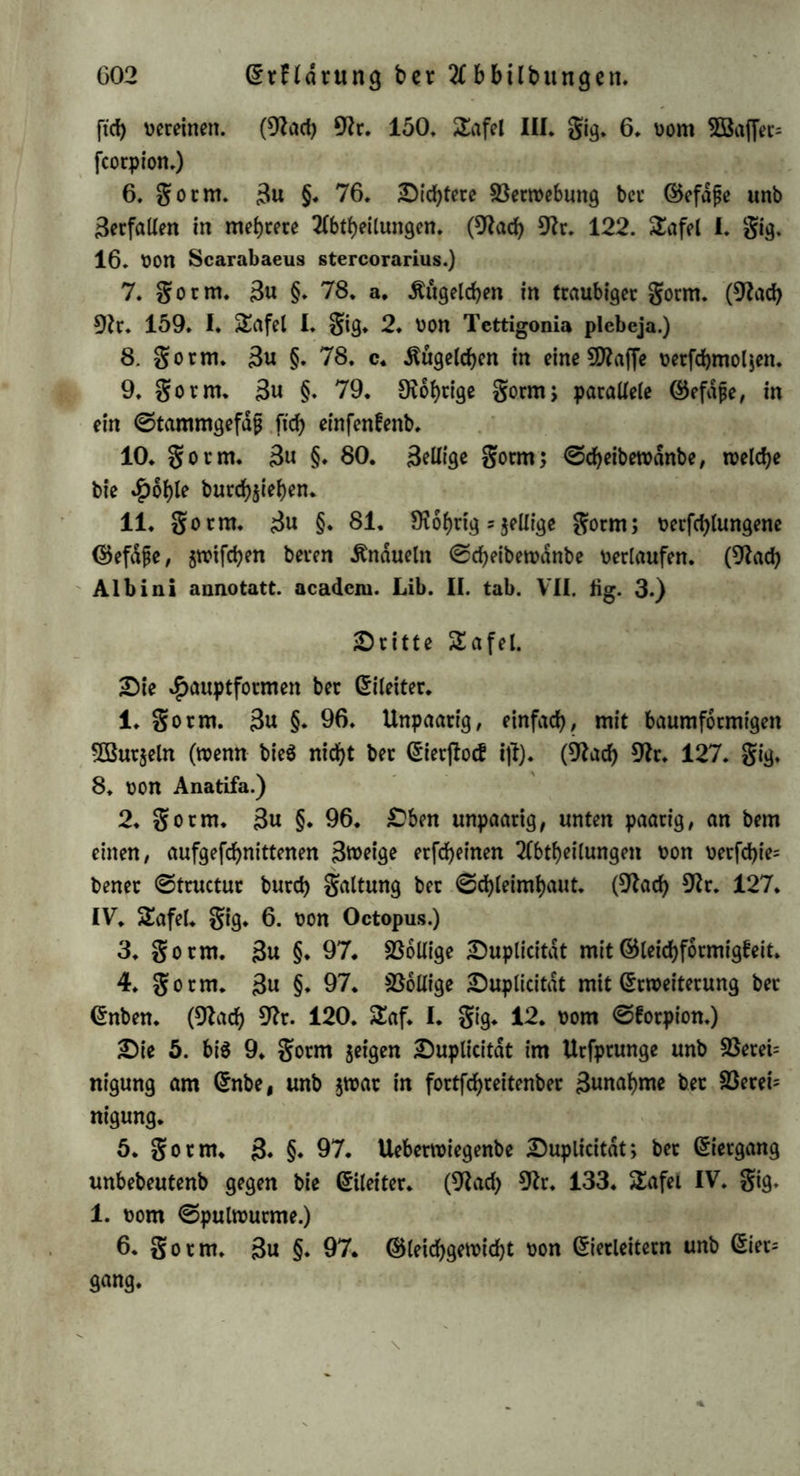 unb in gleichem ©inne habe ich e$ verfucht, eine D?crf>e von 33il= bem 5U geben, welche bie im erffen Vuche enthaltene 2>arjfellung bet Entwicfelung bec 3eugung6organe in bet Shierteihe erläutern fallen* Erjfe £afel* Eine Ueberftcht ber $auptformen be6 thierifchen EierffocfeS* 1* gorm* 3u §♦ 55* a. bie ©efafform* (Vad) Vr* 133* SEafel IV* $i9* 1* von Ascaris lumbrico'ides.) 2* gorm* 3« §♦ 65* c* 2)ie ©d)laud)form; Verfügung unb Erweiterung beS @efdße$* (Vad) Vr. 166* II. £afel IX* gig. 5* von EppriS.) 3* gorm* 3« §* 55* b* £)ie Vunbelform; Verfügung unb Vervielfältigung be$ E5efdfje$ mit Söieberherffellung ber Einfachheit am Enbe* 4* gorm* 3u §* 56* a* £)ie ©tulpung nach außen ober bie affige gorm; baburd) gegeben, baß bie ffellemveifen Erweiterungen be$ ©cblaud)e§ $u Eandlen ftd) verlängert haben, ober baß bie Vet= einigitng ber SSunbel nicht an einer gemeinfd)aftlid)en ©teile, fom bem an mehreren einzelnen erfolgt* (Vach Vr. 166. II* Safel 3* gig* 9. Von Lcpisma sacharinum.) 5* gorm* 3u §* 56* b. £)ie ©tulpung nach innen, ober bie galtenform; bie 2(effe nach innen gef eh rt, mit 3nnahme ber Vreite unb Abnahme ber Sange. 6» g o r m* 3u §♦ 57* £)ie ©onberung ber S5i(bung6ffdtte von bem Vehdlter, bie in ber galtenform begonnen hatte, ißt hiec weiter burchgefuhrt, inbem bie $ohle, bie als Vehdlter bient, $u einem centralen Eanale, gleichfam einem innerlichen Eileiter ftch verengt hat* (Vach Vr* 120. gig* 32* von Aranea domestica.) 7* gorm* 3u §♦ 58* a. ©onberung be$ Eileiters von bem im Eierflocfe felbff beftnblichen Vehdlter* (Vach Vr. 168* I* £afel I* gig* 2* Von Salamandra terrestris.) 8* gorm* 3« §• 58* b* Sellenform beS VehalterS vermittelff burchfe|enber ©djeibewanbe; auf ber £)urchfcbnittsfldcbe bargejfellt. £>ie ^ohle beS EierffocfeS fangt hier an, verbrdngt $u werben. ©ie i(f in ben folgenben (9 —12.) gormen gdnjlid) erlofchen; übrigens wieberholen ftch in biefem bie früheren (5 — 8. gorm)*