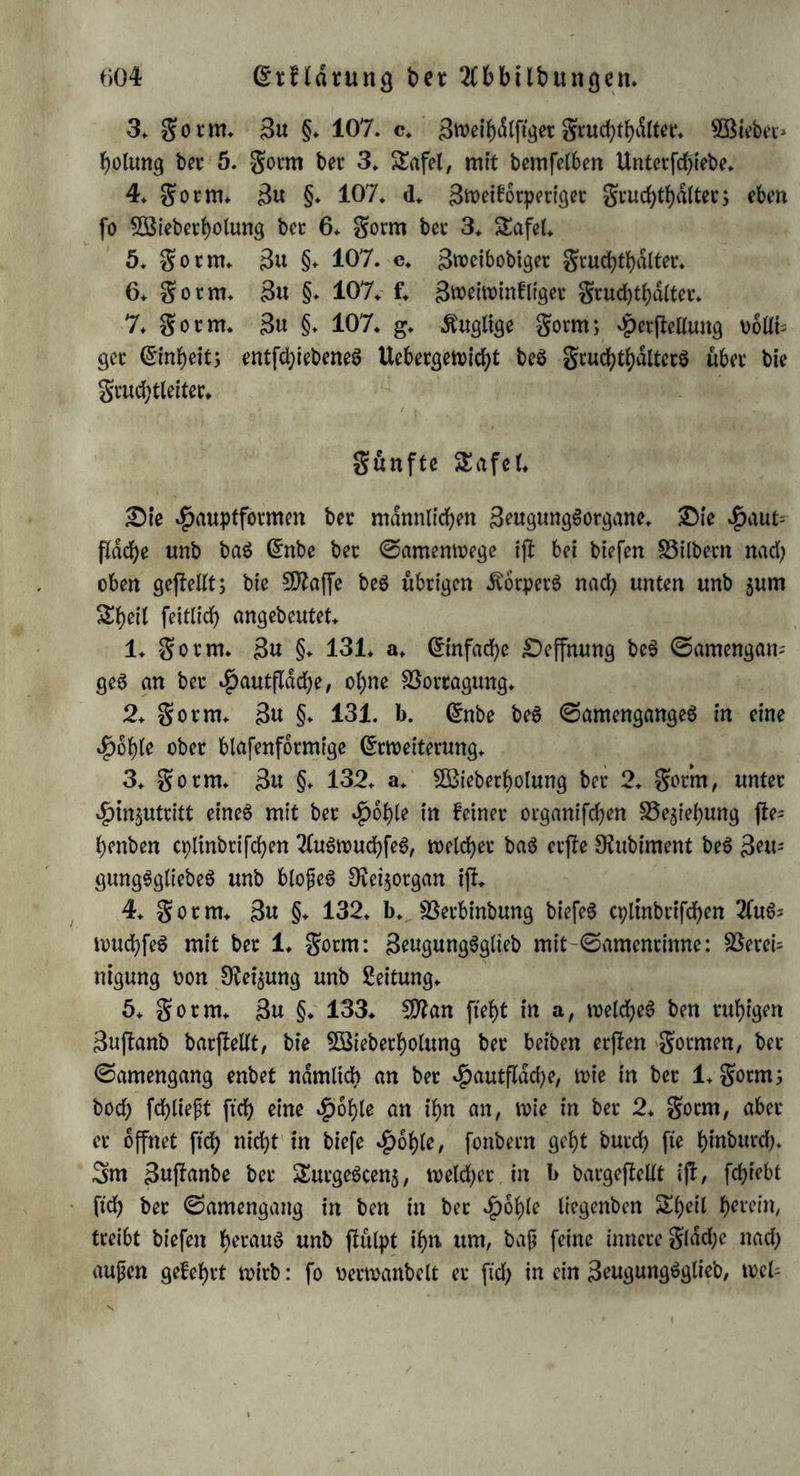 004 (Erndrung bet 2f&bilt>ungcn. 3. Sonn. 3u §. 107. c. 3weibdlftget Stucbtbdlter. SÖiebei* bolung bet 5. Sotm bet 3. £afet, mit bemfetben Untetfd)iebe. 4. Sotm. 3« §♦ 107. d. 3tt>eif6tpettger Statthafter; eben fo Sßiebetbolung bet 6. Sotm bet 3* S£afef. 5. Sotm. 3u §. 107. c. 3roeibobiget grud>tJ>attet% 6* Sotm. 3u §. 107. f. äweitotnfltget Stud)tbdfter. 7. Sotm. 3« §. 107. g. Äuglige Sotm; $er|Mung voffb get (£mf)eit; entfd;iebene$ Uebetgetoicbt be$ Stucbtbdlterö übet bie Stud;tfeiter. Sänfte SEafef. £)te ^auptfotmen bet männlichen 3eugung6organe. £)te $aut= flache unb ba$ Ghtbe bet ©amentoege ijf bei btefen S3ilbetn nad; oben gejfellt; bie Sfftaffe be6 übrigen Äorpetö nad) unten unb 5um &beit feitticb angebeutet. 1. Sotm. 3u §♦ 131. a. (£mfad)e £)effnung be$ ©amengam ge3 an bet $autfldd)e, ohne üBortagung. 2. Sotm. 3« §. 131. b. Günbe beS ©amengangeg in eine $obfe ober blafenformige Erweiterung. 3. Sotm. 3n §. 132. a. 5Bieberbolung bet 2. Sotm, unter »ptnjuttitt eines mit bet $ob(e in feinet organifeben 33e$iebung ffe= benben cpltnbtifcben 2fuSn>ud)feS, n>etd>et baS etjle Ofubiment beS 3eu= gungSgliebeS unb bloßes 9vei$otgan iff. 4. Sotm. 3« §♦ 132. b. SSetbinbung biefeö cpltnbtifcben 2fu6= roud)feS mit bet 1. Sotm: SeugungSglteb mit-©amentinne: $ßetei= nigung oon ^et^ung unb Leitung. 5. Sotm. 3u §♦ 133. 2D?an ftebt in a, roeld)eS ben tubigen Suffanb barfleUt, bie Sßiebetbolung bet beibert erffen So tuten, bet @amengang enbet ndmltcb an bet »pautfldcbe, n>ie in bet 1. Sotm; bod; fd)ließt ftd) eine jpofyle an ibn an, wie in bet 2* Sotm, aber et öffnet ftd) nicht in biefe $oble, fonbetn gebt butcb fte binbutd;. 3m Swftanbe bet £urgeScen$, meldet in b bargefteltt ijl, febiebt ftd) bet ©amengang in ben in bet $oble tregenben Sbeit botein, treibt biefen botauS unb flulpt ibn um, baß feine innere Sldd;e nad) außen gefebrt wirb: fo oerwanbett et fid) in ein 3eugungSglieb, web