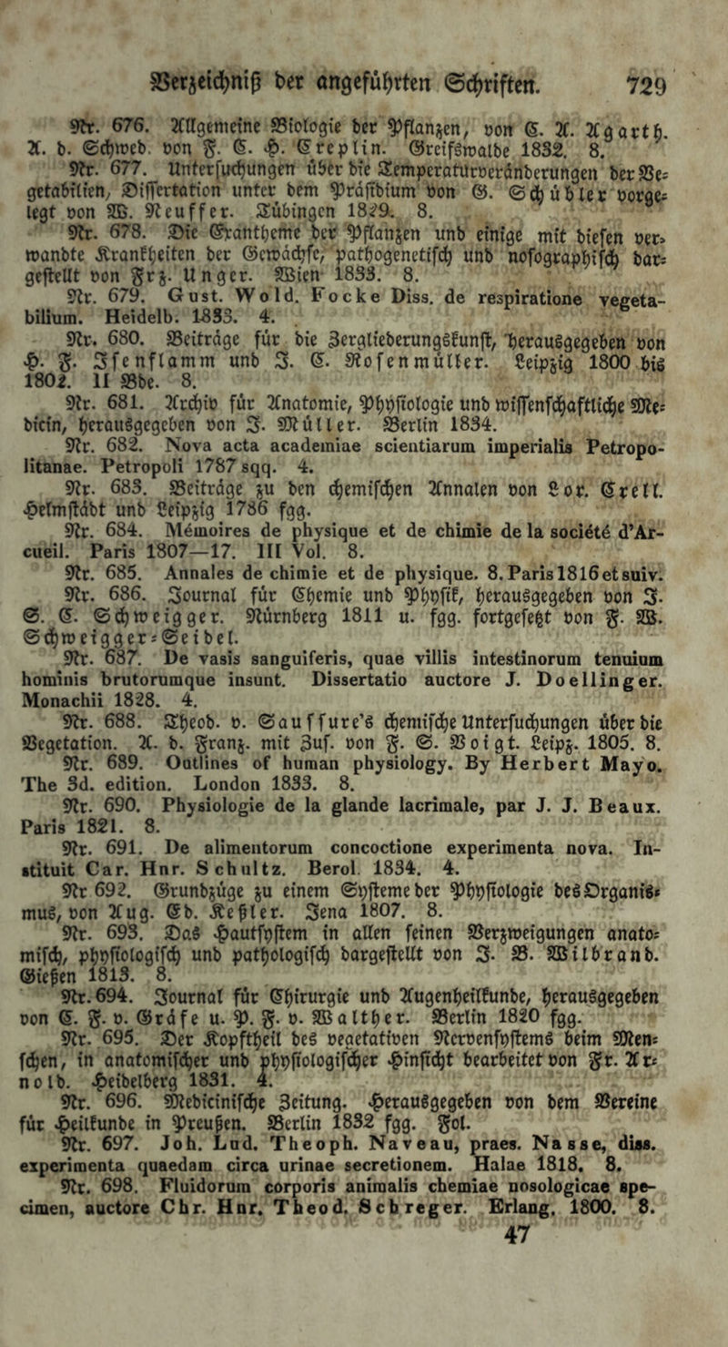 dbc. 676. Mgemeine SBtotogie bec ^flani^en, ooit e. 2C. TLaavth. Ä. b. ©c^web. üon ©rcpUn. ©reifärcolbe 1832. 8. 9br. 677. UnterfiK^ungen über bie Semperaturoeranberungen berSSe^ getabüteü; ©{ffcrtation unter bem ^raftbium üon ©*übler borges legt oon SB. Siteuffer. Tübingen 18^9. 8. 9tr. 678. ^ic ©vantbeme ber ^flanjcn unb einige mit biefen ber> manbte Äranfbeitcn ber ©emdebfe, potbogenetifc^ unb nofograpbifi bar= gefteUt »on Unger. SBien- 1833. 8. ?tr. 679. Gust. Wold. Focke Diss. de respiratione veeeta- biUum. Heidelb. 1833. 4. . 9lr. 680. SSeitrdge für bie 3erglieberung6!unfl,'berauSgegeben bon l>- S- Sfenftamm unb 3. (5. Stofenmülter. Ceipjig 1800 bis 1802. II S3be. 8. Str. 681. ^Crdbib für 2lnatomie, ^b^ologie unb mijTenfd^aftlidbe SOte^ bietn, bf^^QuSgegeben bon 3- S!)tüller. Berlin 1834. Str. 682. Nova acta academiae scientiarum imperialis Petropo- litanae. Petropoli 1787 sqq. 4. Str. 683. sßeitrdge i^u ben ebemifei^en 2Cnnalen bon Sor. Sr eil. ^>elmftdbt unb Ceipjig 1786 fgg. ^r. 684. Memoires de physique et de chimie de la socidtd d’Ar- cueil. Paris 1807—17. III Vol. 8. 9tr. 685. Annales de chimie et de physique. 8.Parisl8l6et8uiv. Str. 686. Journal für Sbemie unb bon 3- 0. S. ©cbweigger. Stürnberg 1811 u. fgg. fortgefe^t bon SB. @dbnje{ggeri0eibel. 9tr. 687. De vasis sanguiferis, quae villis intestinorum tenuium hominis brutorumque insunt. Dissertatio auctore J. Doeilinger. Monachii 1828. 4. Str. 688. Sbeob. b. ©auffure’S dbeniifcbeUnterfudbungen überbte SSegetotion. 2C. b. §ranj. mit 3uf. bon g. 0. SSoigt. ßeips- 1805. 8. Str. 689. Ootlines of human physiology. By Herbert Mayo. The 3d. edition. London 1833. 8. 9lr. 690. Physiologie de la glande lacrimale, par J. J. Beaux. Paris 1821. 8. 9tt. 691. De alimentorum concoctione experimenta nova. In- stituit Car. Hnr. Schultz. Berol. 1834. 4. 9tr 692. ©runbjüge ju einem ©pflemeber ^bbfiologie beSOrganiS» muS, bon 2Cug. @b. Äefler. S^na 1807. 8. 9tr. 693. 2)a§ ^?)autfpf^em in allen feinen SJerjmeigungen anato; mifdb/ pbbfiologifcb unb patbologifcb borgejlellt bon 3* S3. SBilbranb. ®iefen 1813. 8. 9tr.694. 3ournal für Sbirurgie unb 3Cugenbeilfunbe, b^ruuSgegeben bon S. g. b. ©rdfe u. b. SBoltber. SSerlin 1820 fgg. 9tr. .695. 35er Äopftbeil beS begetatiben 9tcrbenfbftemS beim SOtens feben, in onatomifeber unb phpfiologifter ^injtdbt bearbeitet bon ^r. nolb. ^eibelberg 1831. 4. 9lr. 696. SDlcbicinifcbe 3eitung. ^erauggegeben bon bem SJereine für ^eilfunbe in ^reupen. SBerlin 1832 fgg. gol. 9tr. 697. Joh. Lud. Theoph. Naveau, praes. Nasse, diss. experimenta quaedam circa urinae secretionem. Halae 1818, 8. 9tr. 698. Fluidorura corporis aniroalis chemiae nosologicae spe- cimen, auctore Cbr. Hnr, Tbeod. Sebreger. Erlang. 1800. 8. 47
