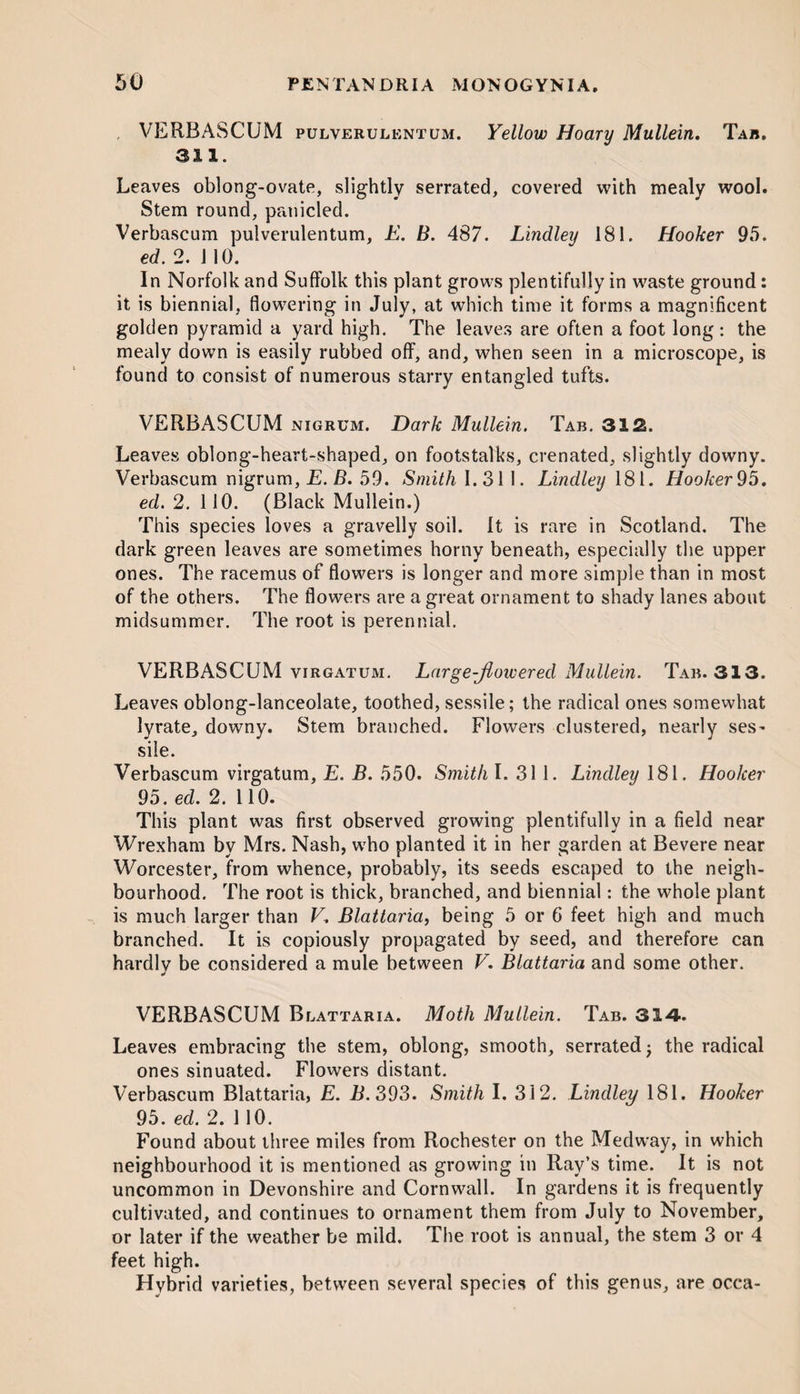 VERBASCUM pulverulentum. Yellow Hoary Mullein. Tab. 311. Leaves oblong-ovate, slightly serrated, covered with mealy wool. Stem round, patiicled. Verbascum pulverulentum, E. B. 487. Lindley 181. Hooker 95. ed. 2. 110. In Norfolk and Suffolk this plant grows plentifully in waste ground: it is biennial, flowering in July, at which time it forms a magnificent golden pyramid a yard high. The leaves are often a foot long: the mealy down is easily rubbed off, and, when seen in a microscope, is found to consist of numerous starry entangled tufts. VERBASCUM nigrum. Dark Mullein. Tab. 315L Leaves oblong-heart-shaped, on footstalks, crenated, slightly downy. Verbascum nigrum, E. B. 59. Smith 1.311. Lindley 181. Hooker 95. ed. 2. 110. (Black Mullein.) This species loves a gravelly soil. It is rare in Scotland. The dark green leaves are sometimes horny beneath, especially the upper ones. The racemus of flowers is longer and more simple than in most of the others. The flowers are a great ornament to shady lanes about midsummer. The root is perennial. VERBASCUM virgatum. Large-jlowered Mullein. Tab. 313. Leaves oblong-lanceolate, toothed, sessile; the radical ones somewhat lyrate, downy. Stem branched. Flowers clustered, nearly ses^ sile. Verbascum virgatum, E. B. 550. Smith I. 311. Lindley 181. Hooker 95. ed. 2. 110. This plant was first observed growing plentifully in a field near Wrexham by Mrs. Nash, who planted it in her garden at Bevere near Worcester, from whence, probably, its seeds escaped to the neigh¬ bourhood. The root is thick, branched, and biennial: the whole plant is much larger than V. Blattaria, being 5 or 6 feet high and much branched. It is copiously propagated by seed, and therefore can hardly be considered a mule between V. Blattaria and some other. VERBASCUM Blattaria. Moth Mullein. Tab. 314. Leaves embracing the stem, oblong, smooth, serrated; the radical ones sinuated. Flowers distant. Verbascum Blattaria, E. B. 393. Smith I. 312. Lindley 181. Hooker 95. ed. 2. 110. Found about three miles from Rochester on the Medway, in which neighbourhood it is mentioned as growing in Ray’s time. It is not uncommon in Devonshire and Cornwall. In gardens it is frequently cultivated, and continues to ornament them from July to November, or later if the weather be mild. The root is annual, the stem 3 or 4 feet high. Hybrid varieties, between several species of this genus, are occa-