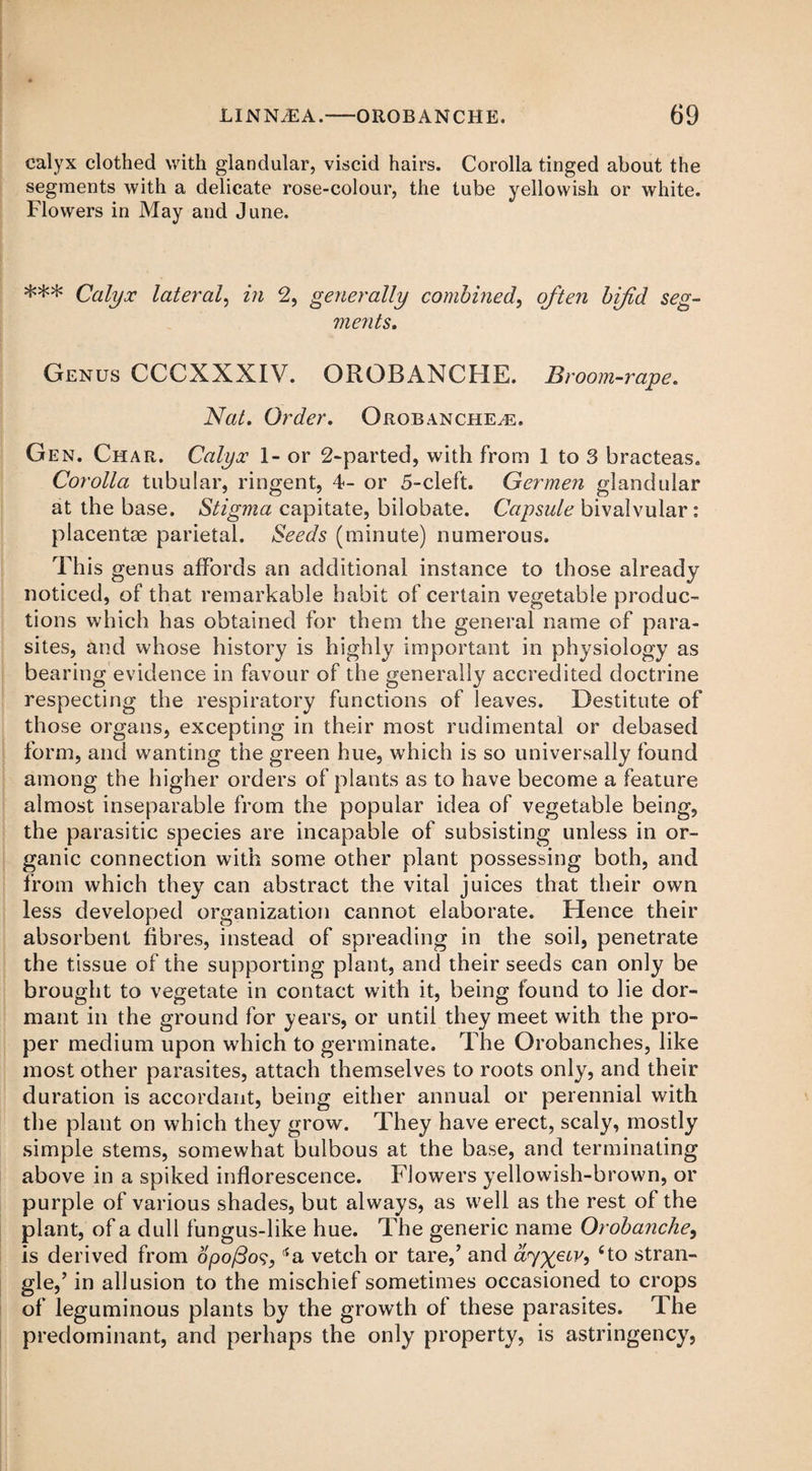 calyx clothed with glandular, viscid hairs. Corolla tinged about the segments with a delicate rose-colour, the tube yellowish or white. Flowers in May and June. *** Calyx lateral, in 2, generally combined, often bifid seg¬ ments. Genus CCCXXXIV. OROBANCHE. Bi *oom-rape. Nat. Order. Orobanchea:. Gen. Char. Calyx 1- or 2-parted, with from 1 to 3 bracteas. Corolla tubular, ringent, 4- or 5-cleft. Germen glandular at the base. Stigma capitate, bilobate. Capsule bivalvular: placentae parietal. Seeds (minute) numerous. This genus affords an additional instance to those already noticed, of that remarkable habit of certain vegetable produc¬ tions which has obtained for them the general name of para¬ sites, and whose history is highly important in physiology as bearing evidence in favour of the generally accredited doctrine respecting the respiratory functions of leaves. Destitute of those organs, excepting in their most rudimental or debased form, and wanting the green hue, which is so universally found among the higher orders of plants as to have become a feature almost inseparable from the popular idea of vegetable being, the parasitic species are incapable of subsisting unless in or¬ ganic connection with some other plant possessing both, and from which they can abstract the vital juices that their own less developed organization cannot elaborate. Hence their absorbent fibres, instead of spreading in the soil, penetrate the tissue of the supporting plant, and their seeds can only be brought to vegetate in contact with it, being found to lie dor¬ mant in the ground for years, or until they meet with the pro¬ per medium upon which to germinate. The Orobanches, like most other parasites, attach themselves to roots only, and their duration is accordant, being either annual or perennial with the plant on which they grow. They have erect, scaly, mostly simple stems, somewhat bulbous at the base, and terminating above in a spiked inflorescence. Flowers yellowish-brown, or purple of various shades, but always, as well as the rest of the plant, of a dull fungus-like hue. The generic name Orobanche, is derived from opo/5o?, {a vetch or tare,’ and ay^eiv, £to stran¬ gle,’ in allusion to the mischief sometimes occasioned to crops of leguminous plants by the growth of these parasites. The predominant, and perhaps the only property, is astringency,