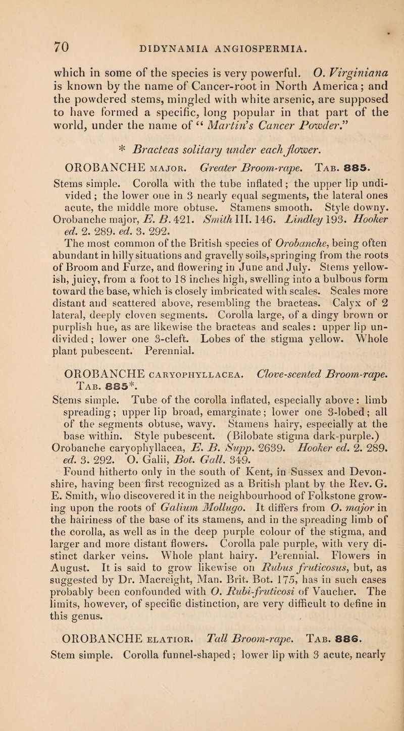 which in some of the species is very powerful. O. Virghiiana is known by the name of Cancer-root in North America; and the powdered stems, mingled with white arsenic, are supposed to have formed a specific, long popular in that part of the world, under the name of “ Martin's Cancer Powder * Bractcas solitary under each flower. OROBANCHE major. Greater Broom-rape. Tab. 885. Stems simple. Corolla with the tube inflated ; the upper lip undi¬ vided ; the lower one in 3 nearly equal segments, the lateral ones acute, the middle more obtuse. Stamens smooth. Style downy. Orobanche major, E. B. 421. Smith III. 146. Lindley 193. Hooker ed. 2. 289. ed. 3. 292. The most common of the British species of Orobanche, being often abundant in hilly situations and gravelly soils, springing from the roots of Broom and Furze, and flowering in June and July. Stems yellow¬ ish, juicy, from a foot to 18 inches high, swelling into a bulbous form toward the base, which is closely imbricated with scales. Scales more distant and scattered above, resembling the bracteas. Calyx of 2 lateral, deeply cloven segments. Corolla large, of a dingy brown or purplish hue, as are likewise the bracteas and scales: upper lip un¬ divided ; lower one 3-cleft. Lobes of the stigma yellow. Whole plant pubescent. Perennial. OPtOBANCHE caryophyllacea. Clove-scented Broom-rape. Tab. 885*. Stems simple. Tube of the corolla inflated, especially above : limb spreading; upper lip broad, emarginate; lower one 3-lobed; all of the segments obtuse, wavy. Stamens hairy, especially at the base within. Style pubescent. (Bilobate stigma dark-purple.) Orobanche caryophyllacea, E. B. Supp. 2639. Hooker ed. 2. 289. ed. 3. 292. O. Galii, Bot. Gall. 349. Found hitherto only in the south of Kent, in Sussex and Devon¬ shire, having been first recognized as a British plant by the Rev. G. E. Smith, who discovered it in the neighbourhood of Folkstone grow¬ ing upon the roots of Galium Mollugo. It differs from O. major in the hairiness of the base of its stamens, and in the spreading limb of the corolla, as well as in the deep purple colour of the stigma, and larger and more distant flowers. Corolla pale purple, with very di¬ stinct darker veins. Whole plant hairy. Perennial. Flowers in August. It is said to grow likewise on Ruhus fruticosus, but, as suggested by Dr. Macreight, Man. Brit. Bot. 175, has in such cases probably been confounded with O. Rubi-fruticosi of Vaucher. The limits, however, of specific distinction, are very difficult to define in this genus. OROBANCHE elatior. Tall Broom-rape. Tab. 886. Stem simple. Corolla funnel-shaped ; lower lip with 3 acute, nearly