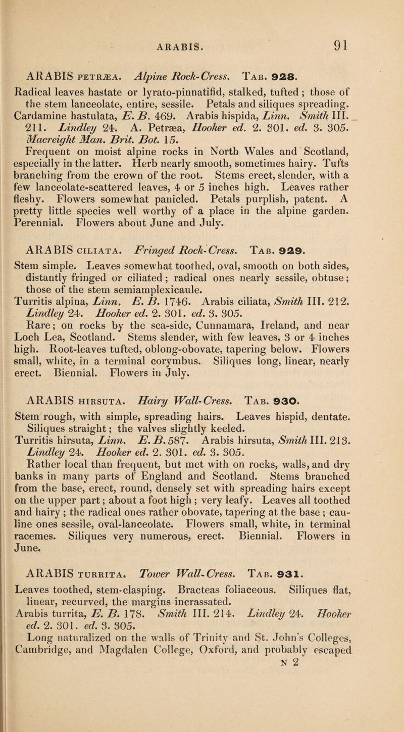 ARABIS petrjea. Alpine Rock-Cress. Tab. 928. Radical leaves hastate or lyrato-pinnatifid, stalked, tufted ; those of the stem lanceolate, entire, sessile. Petals and siliques spreading. Cardamine hastulata, E. B. 469. Arabis hispida, Linn. Smith III. 211. Lindley 24. A. Petraea, Booker ed. 2. 801. ed. 3. 305. Macreight Man. Brit. Bot. 15. Frequent on moist alpine rocks in North Wales and Scotland, especially in the latter. Herb nearly smooth, sometimes hairy. Tufts branching from the crown of the root. Stems erect, slender, with a few lanceolate-scattered leaves, 4 or 5 inches high. Leaves rather fleshy. Flowers somewhat panicled. Petals purplish, patent. A pretty little species well worthy of a place in the alpine garden. Perennial. Flowers about June and July. ARABIS ciliata. Fringed Rock-Cress. Tab. 929. Stem simple. Leaves somewhat toothed, oval, smooth on both sides, distantly fringed or ciliated ; radical ones nearly sessile, obtuse; those of the stem semiamplexicaule. Turritis alpina, Linn. E. B. 1746. Arabis ciliata, Smith III. 212. Lindley 24. Hooker ed. 2. 301. ed. 3. 305. Rare; on rocks by the sea-side, Cunnamara, Ireland, and near Loch Lea, Scotland. Stems slender, with few leaves, 3 or 4 inches high. Root-leaves tufted, oblong-obovate, tapering below. Flowers small, white, in a terminal corymbus. Siliques long, linear, nearly erect. Biennial. Flowers in July. V ARABIS hirsuta. Hairy Wall-Cress. Tab. 930. Stem rough, with simple, spreading hairs. Leaves hispid, dentate. Siliques straight; the valves slightly keeled. Turritis hirsuta, Linn. E.B.587. Arabis hirsuta, Smith III. 213. Lindley 24. Hooker ed. 2. 301. ed. 3. 305. Rather local than frequent, but met with on rocks, walls, and dry banks in many parts of England and Scotland. Stems branched from the base, erect, round, densely set with spreading hairs except on the upper part; about a foot high ; very leafy. Leaves all toothed and hairy ; the radical ones rather obovate, tapering at the base ; cau- line ones sessile, oval-lanceolate. Flowers small, white, in terminal racemes. Siliques very numerous, erect. Biennial. Flowers in June. ARABIS turrita. Tower Wall-Cress. Tab. 931. Leaves toothed, stem-clasping. Bracteas foliaceous. Siliques flat, linear, recurved, the margins incrassated. Arabis turrita, E. B. 178. Smith III. 214. Lindley 24. Hooker ed. 2. 301. ed. 3. 305. Long naturalized on the walls of Trinity and St. John’s Colleges, Cambridge, and Magdalen College, Oxford, and probably escaped n 2