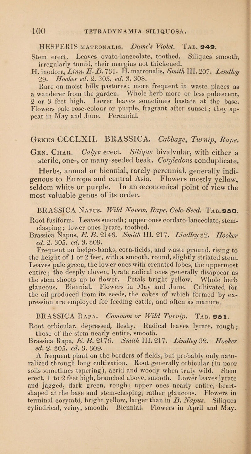 HESPERIS matron a lis. Barnes Violet. Tab. 94©. Stem erect. Leaves ovato-lanceolate, toothed. Siliques smooth, irregularly tumid, their margins not thickened. H. inodora, Linn. E. B. 731. H. matronalis, Smith III. 207. Lindley 29. Hooker ed. 2. 305. ed. 3. 308. Rare on moist hilly pastures; more frequent in waste places as a wanderer from the garden. Whole herb more or less pubescent, 2 or 3 feet high. Lower leaves sometimes hastate at the base. Flowers pale rose-colour or purple, fragrant after sunset; they ap¬ pear in May and June. Perennial. Genus CCCLXIL BRASS1CA. Cabbage, Turnip, Rape. Gen. Char. Calyx erect. Silique bivalvular, with either a sterile, one-, or many-seeded beak. Cotyledons conduplicate. Herbs, annual or biennial, rarely perennial, generally indi¬ genous to Europe and central Asia. Flowers mostly yellow, seldom white or purple. In an ceconomical point of view the most valuable genus of its order. BRASSICA Napus. Wild Navew, Rape, Cole-Seed. Tab.950. Root fusiform. Leaves smooth; upper ones cordato-lanceolate, stem- clasping ; lower ones lyrate, toothed. Brassica Napus, E. B. 2146. Smith III. 217. Lindley 32. Hooker ed. 2. 305. ed. 3. 309. Frequent on hedge-banks, corn-fields, and waste ground, rising to the height of 1 or 2 feet, with a smooth, round, slightly striated stem. Leaves pale green, the lower ones with crenated lobes, the uppermost entire; the deeply cloven, lyrate radical ones generally disappear as the stem shoots up to flower. Petals bright yellow. Whole herb glaucous. Biennial. Flowers in May and June. Cultivated for the oil produced from its seeds, the cakes of which formed by ex¬ pression are employed for feeding cattle, and often as manure. BRASSICA Rapa. Common or Wild Turnip. Tab. 951. Root orbicular, depressed, fleshy. Radical leaves lyrate, rough ; those of the stem nearly entire, smooth. Brassica Rapa, E.B. 2176. Smith III. 217. Lindley 32. Hooker ed. 2. 305. ed. 3. 309. A frequent plant on the borders of fields, but probably only natu¬ ralized through long cultivation. Root generally orbicular (in poor soils sometimes tapering), acrid and woody when truly wild. Stem erect, 1 to 2 feet high, branched above, smooth. Lower leaves lyrate and jagged, dark green, rough; upper ones nearly entire, heart- shaped at the base and stem-clasping, rather glaucous. Flowers in terminal corymbi, bright yellow, larger than in B. Napus. Siliques cylindrical, veiny, smooth. Biennial. Flowers in April and May.